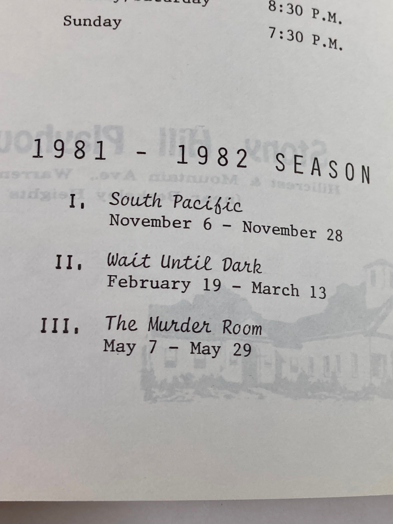 1981-1982 Stony Hill Players Present The Murder Room & South Pacific