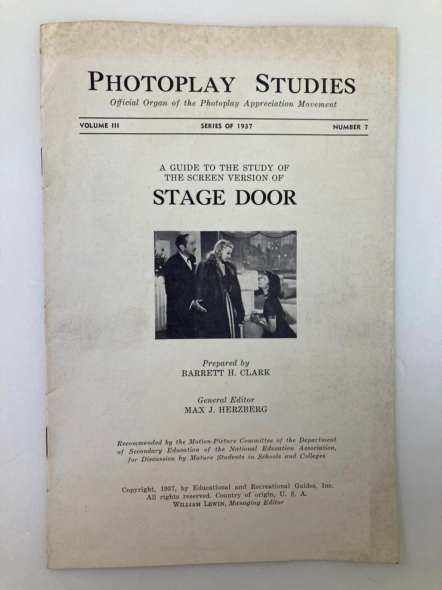 1937 Photoplay Studies Program Vol 3 #7 Stage Door by Barbeth H. Clark