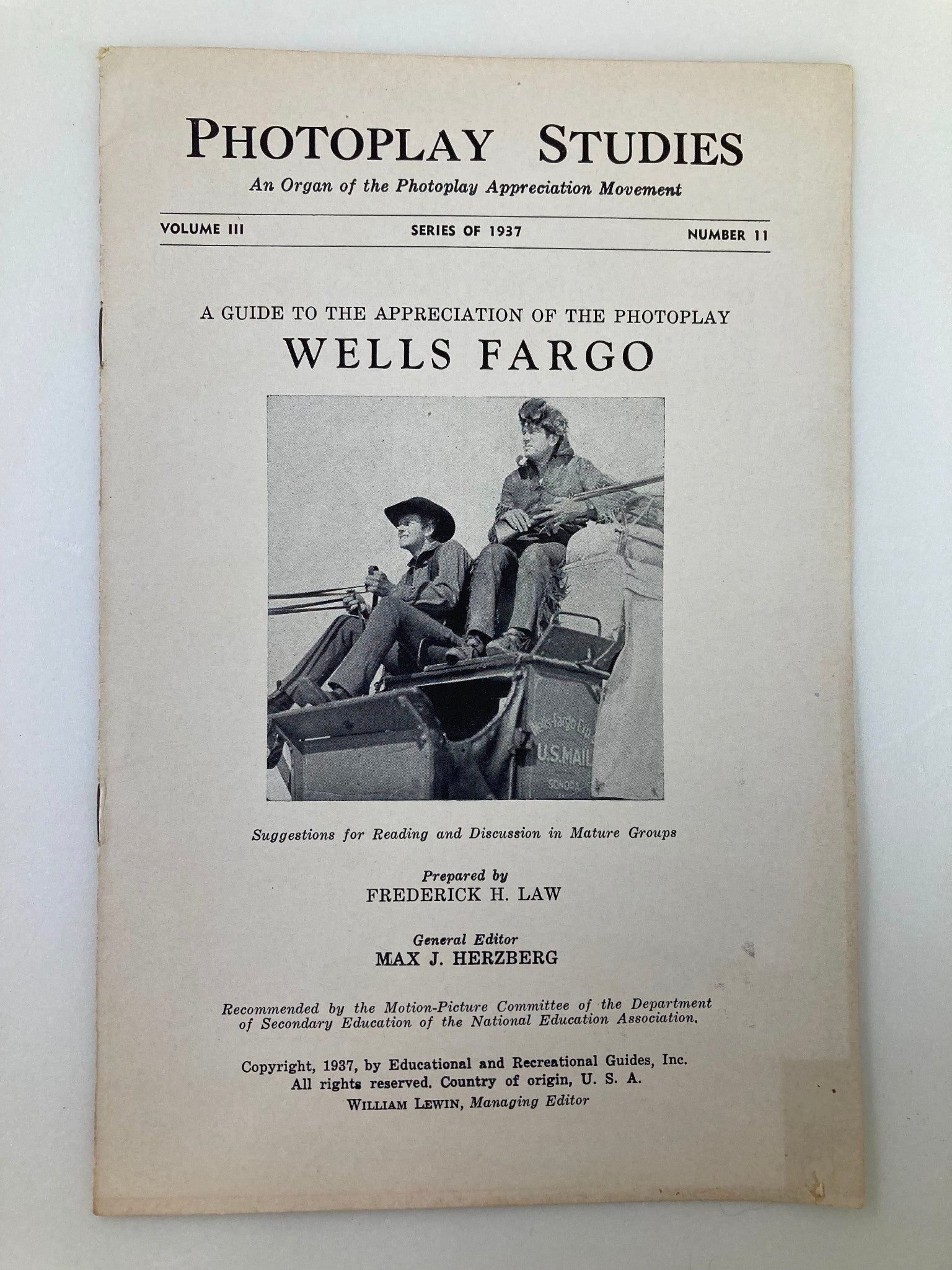 1937 Photoplay Studies Program Vol 3 #11 Wells Fargo by Frederick H. Law