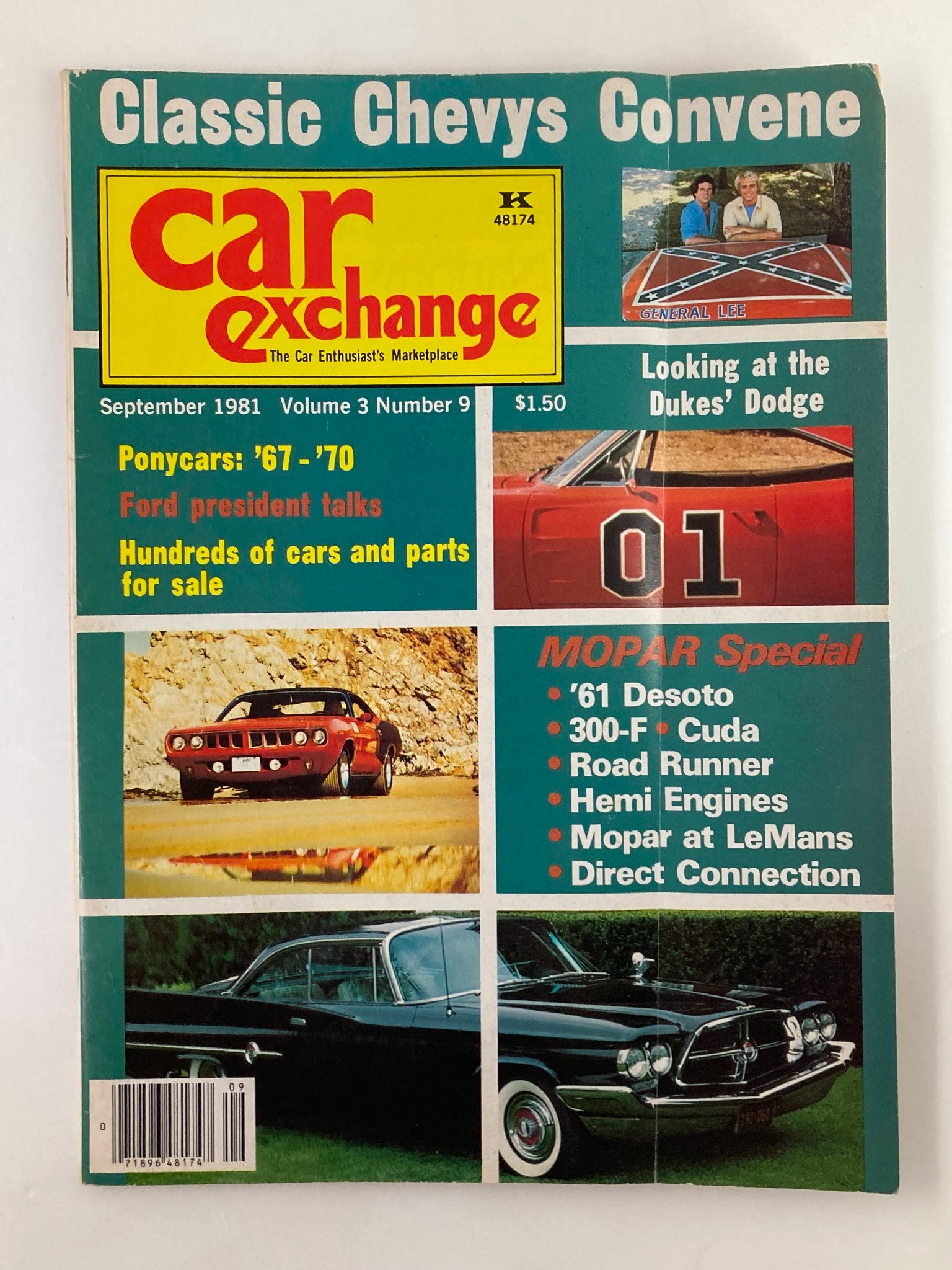 Cover of VTG Car Exchange Magazine September 1981 Vol 3 #9 titled 'Classic Chevys Convene', featuring vintage cars and advertisements related to classic Chryslers and Chevy models.