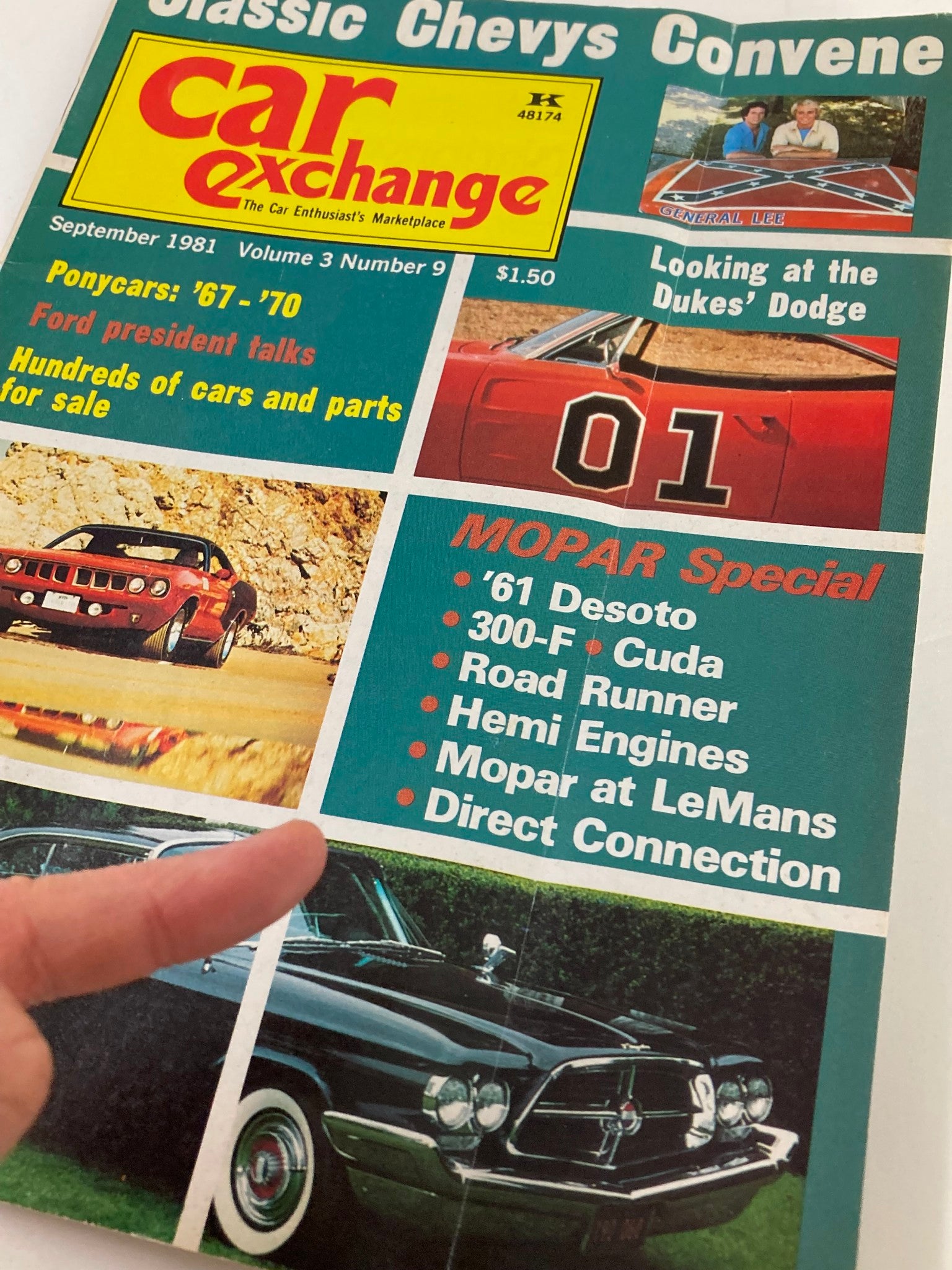 Close-up view of the cover of VTG Car Exchange Magazine September 1981 Vol 3 #9, highlighting articles on classic cars including a focus on Mopar models and the General Lee.