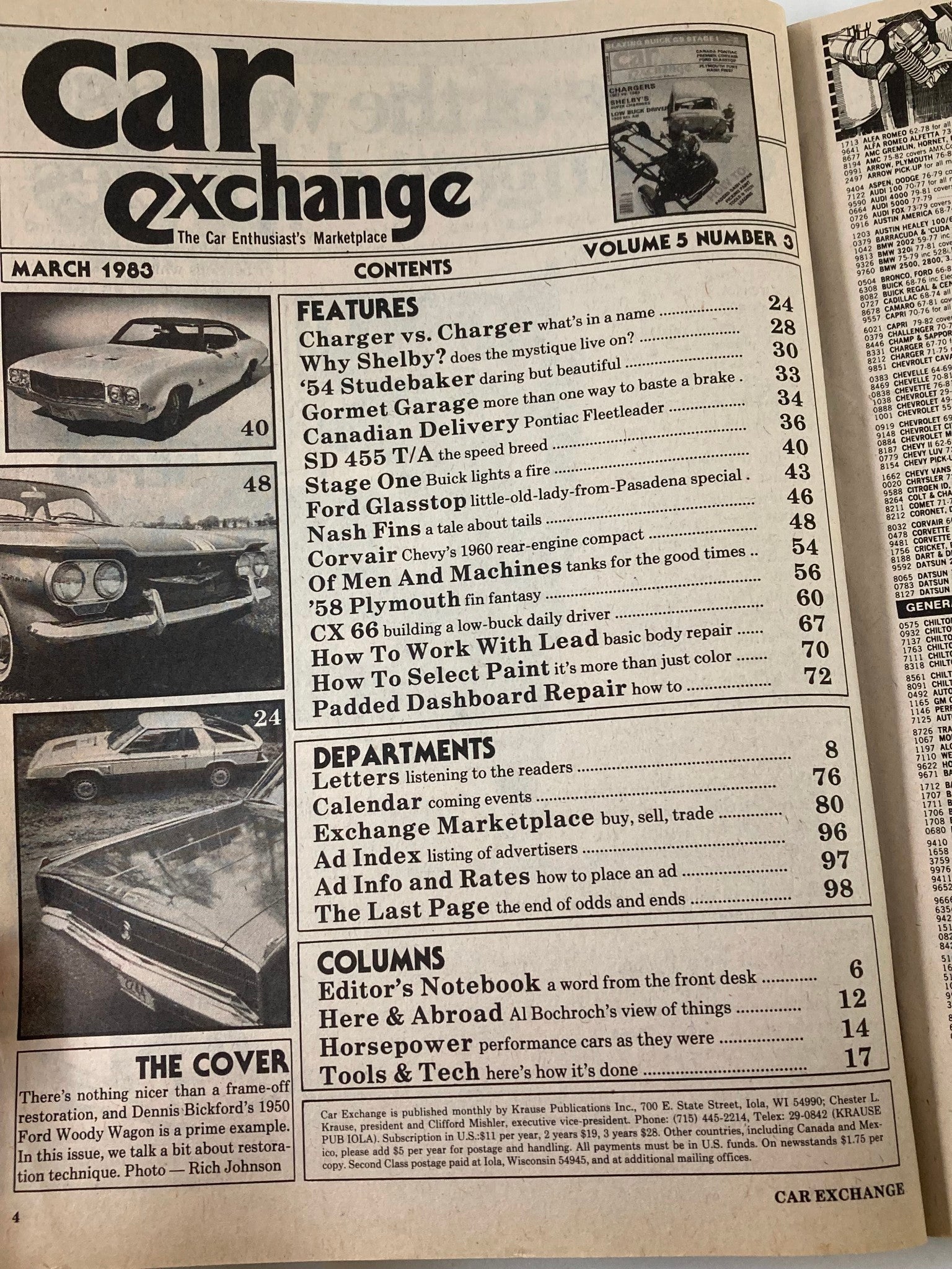 Contents page of VTG Car Exchange Magazine March 1983 Vol 5 #3 detailing various articles on classic cars and automotive insights, providing a glimpse into the editorial focus of vintage car culture.