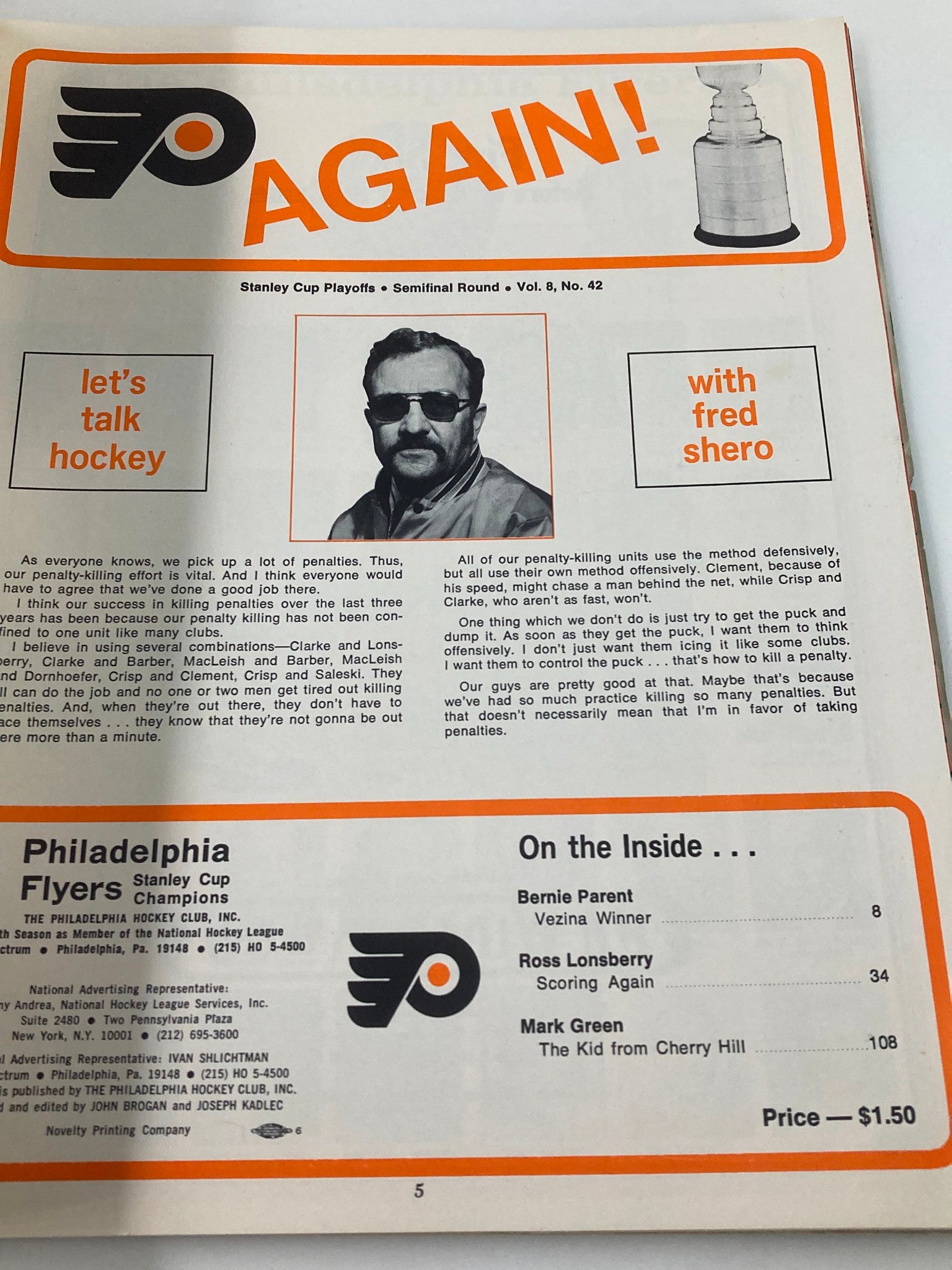 1975 NHL Stanley Cup Playoffs Semifinal Round Vol 8 #42 with Fred Shero