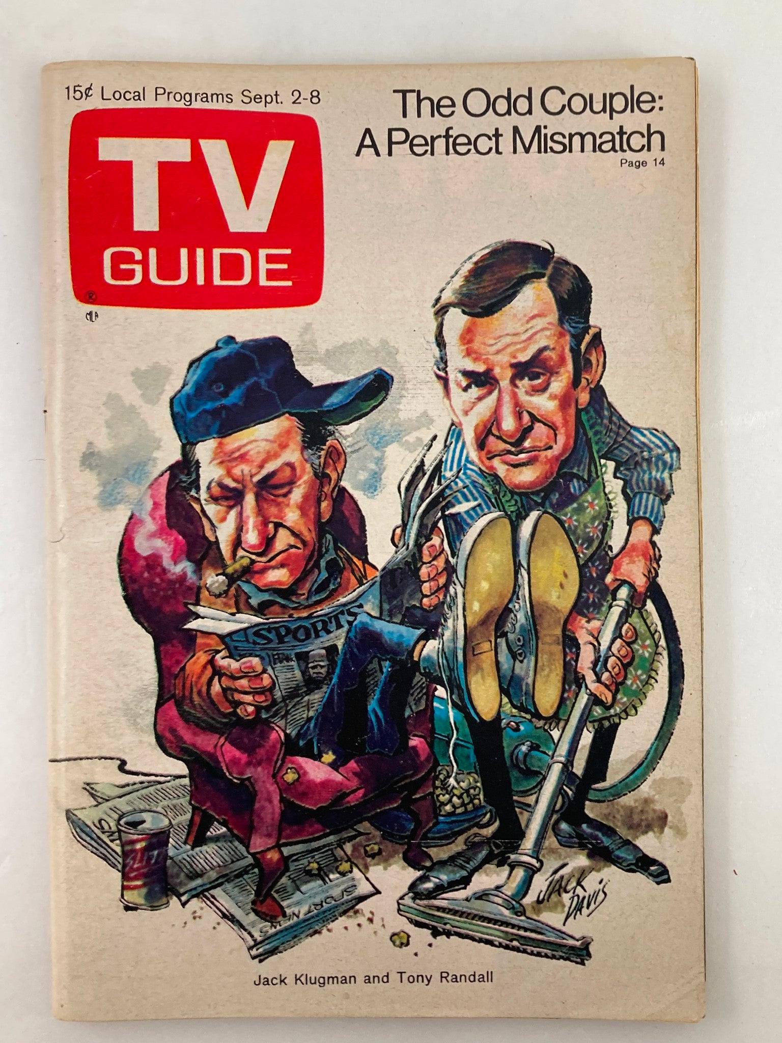 TV Guide Magazine September 2, 1972 cover featuring Jack Klugman and Tony Randall from The Odd Couple, showcasing a colorful illustration representing the iconic television show.