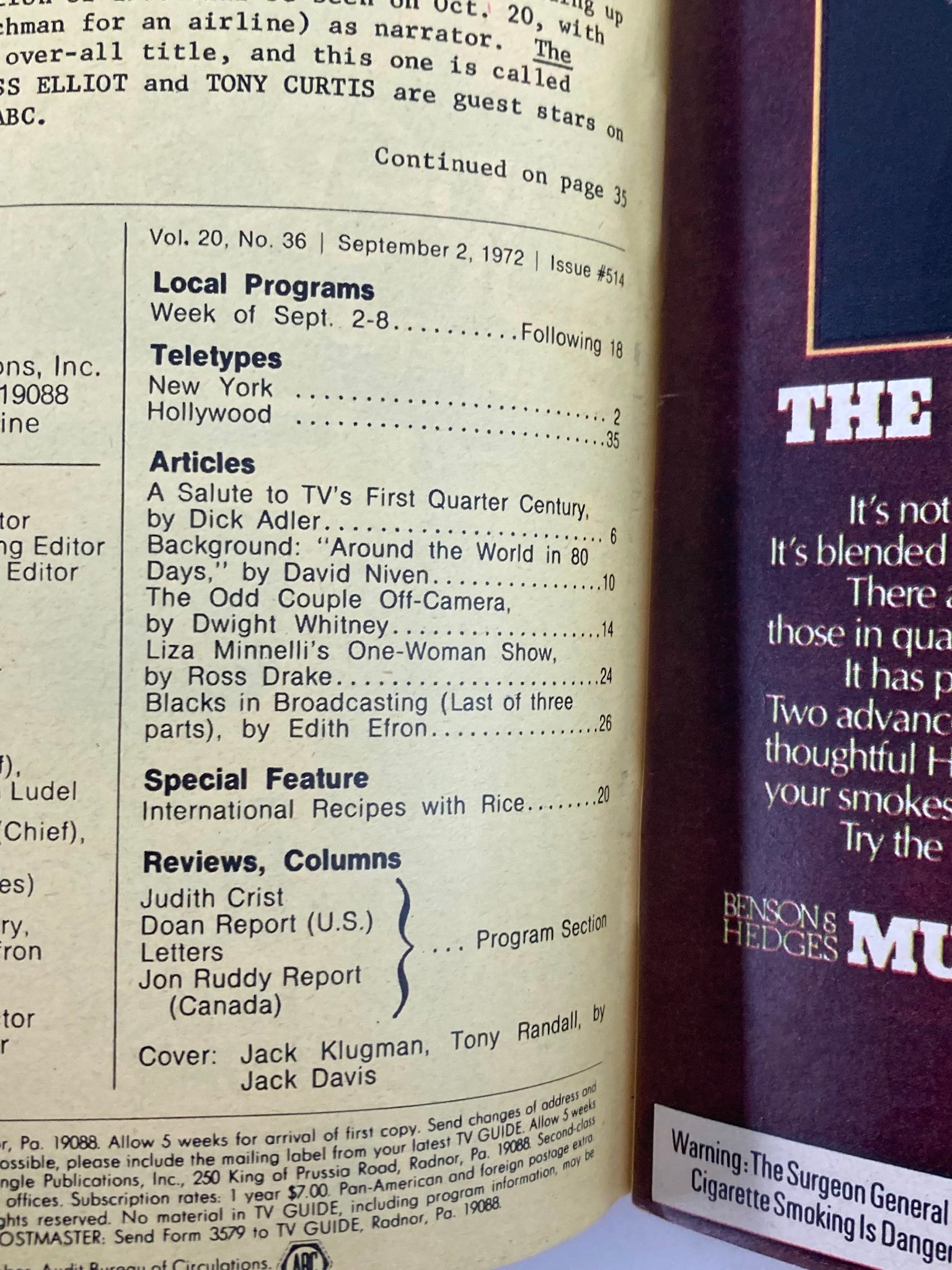 Inside page of TV Guide Magazine September 2, 1972, displaying local program listings and articles, highlighting TV content and cultural commentary from the era.