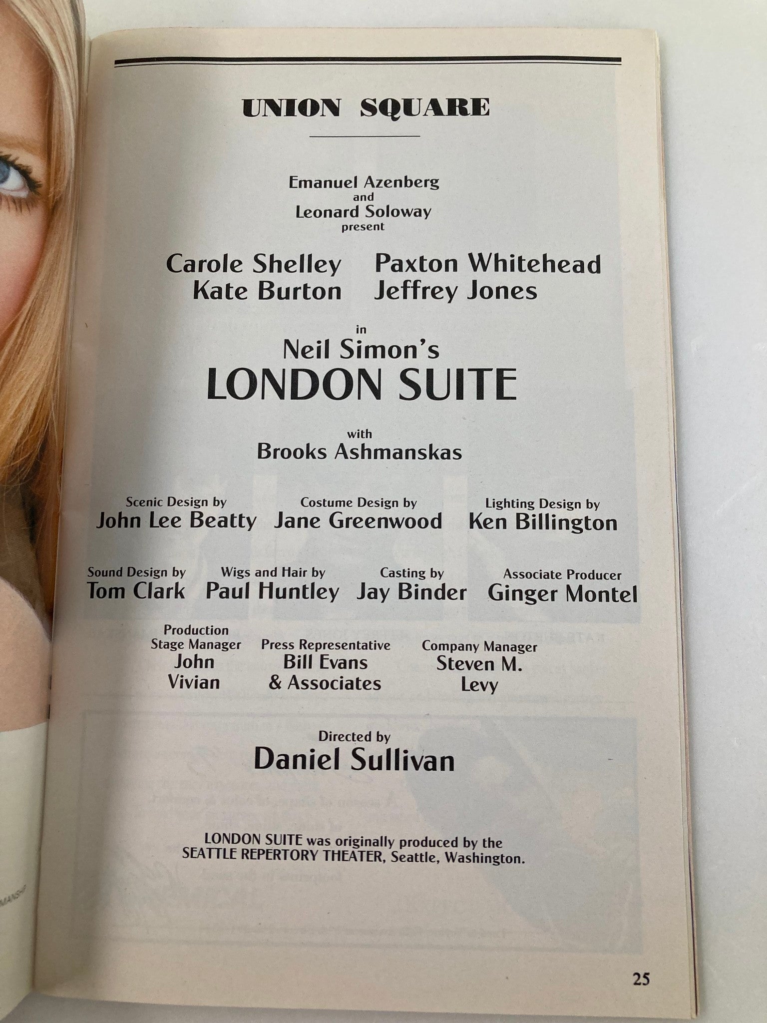 1995 Playbill Union Square Theatre Carole Shelley, Jeffrey Jones in London Suite