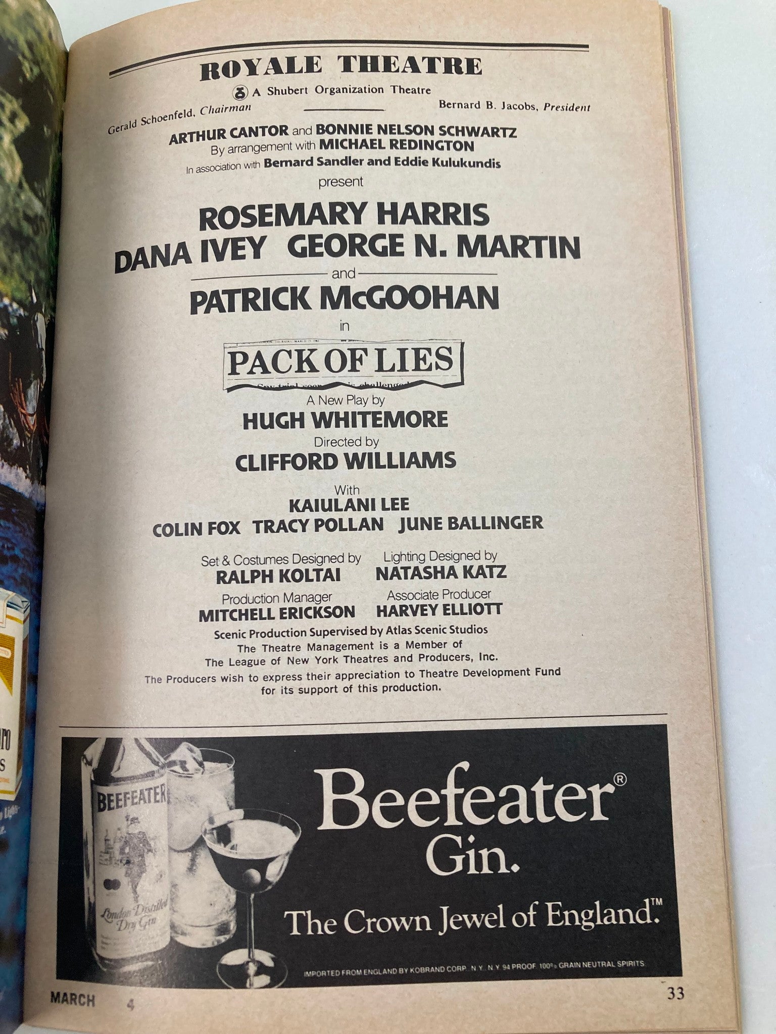 1985 Playbill Royale Theatre Rosemarry Harris, Dana Ivey in Pack of Lies