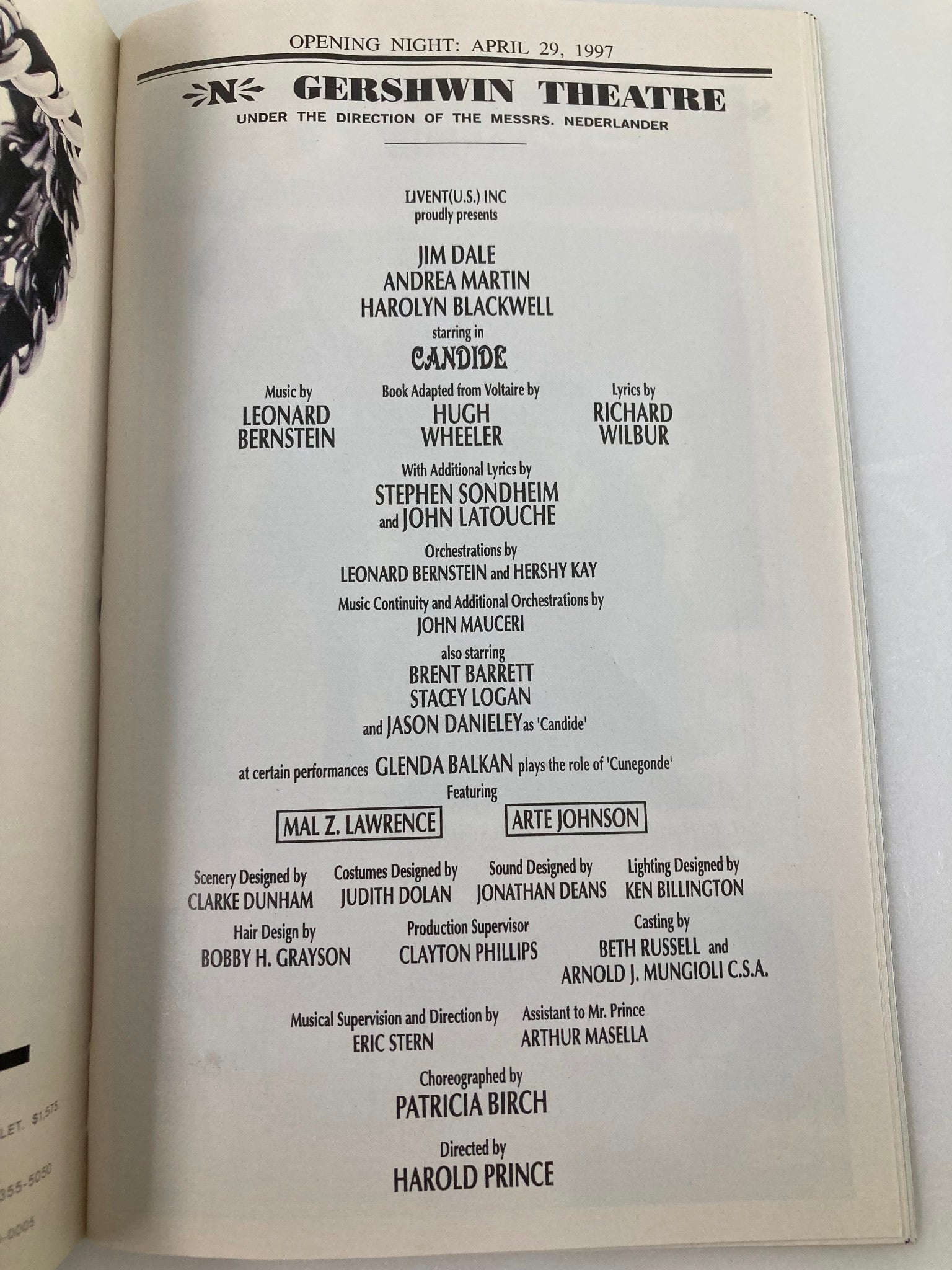 1997 Playbill Gershwin Theatre Jim Dale, Harolyn Blackwell in Candide