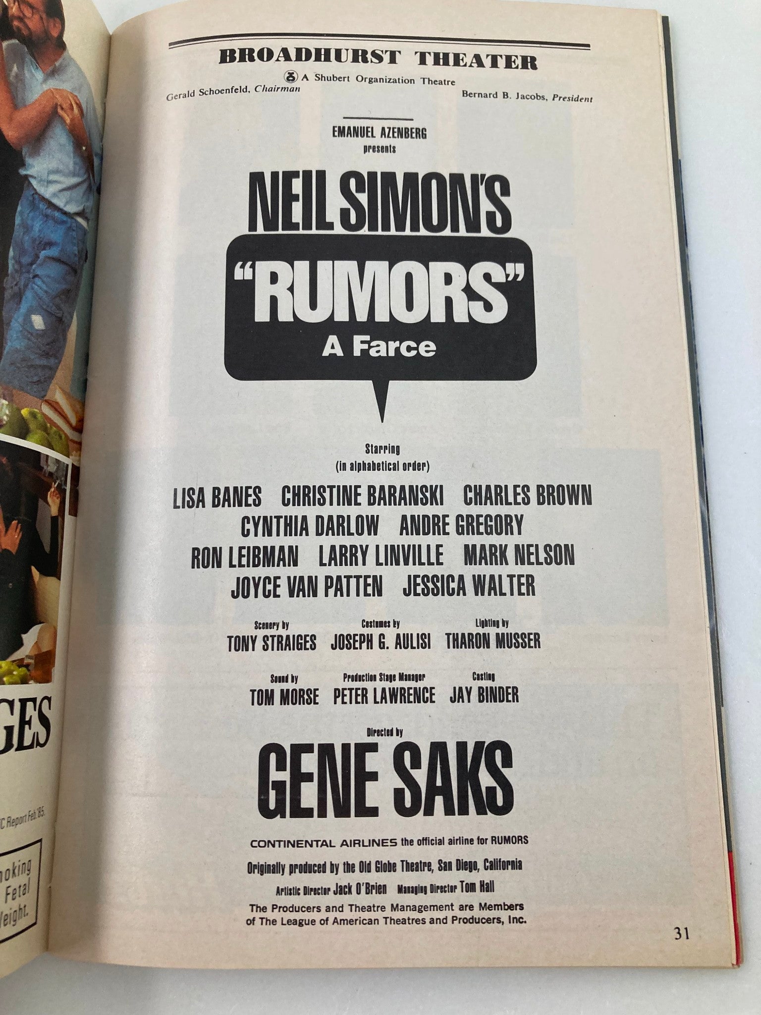 1989 Playbill Broadhurst Theatre Lisa Banes, Charles Brown in Rumors A Farce