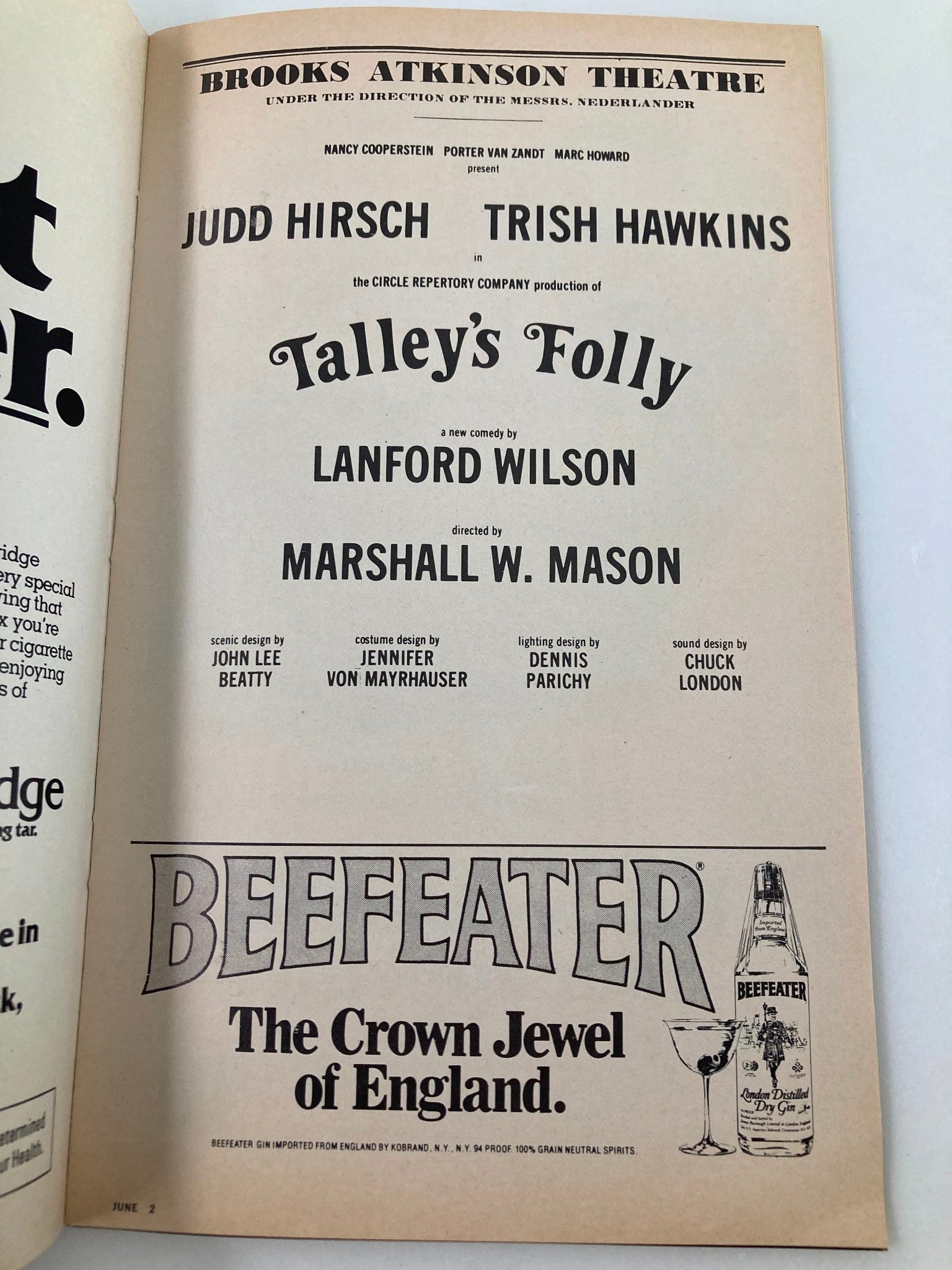 1980 Playbill Brooks Atkinson Theatre Judd Hirsch in Talley's Folly