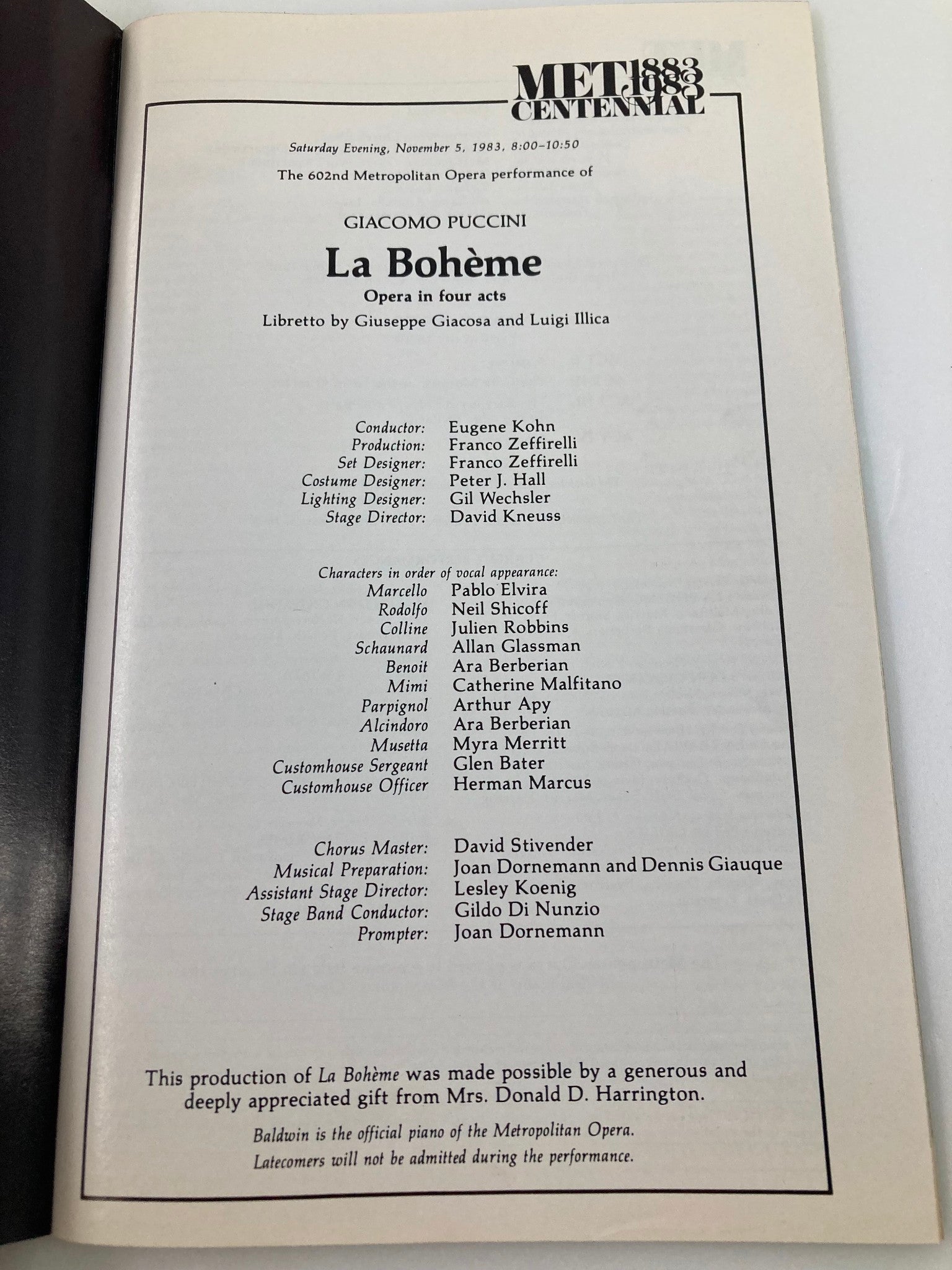 1983 Stagebill Lincoln Center Giacomo Puccini La Boheme Opera