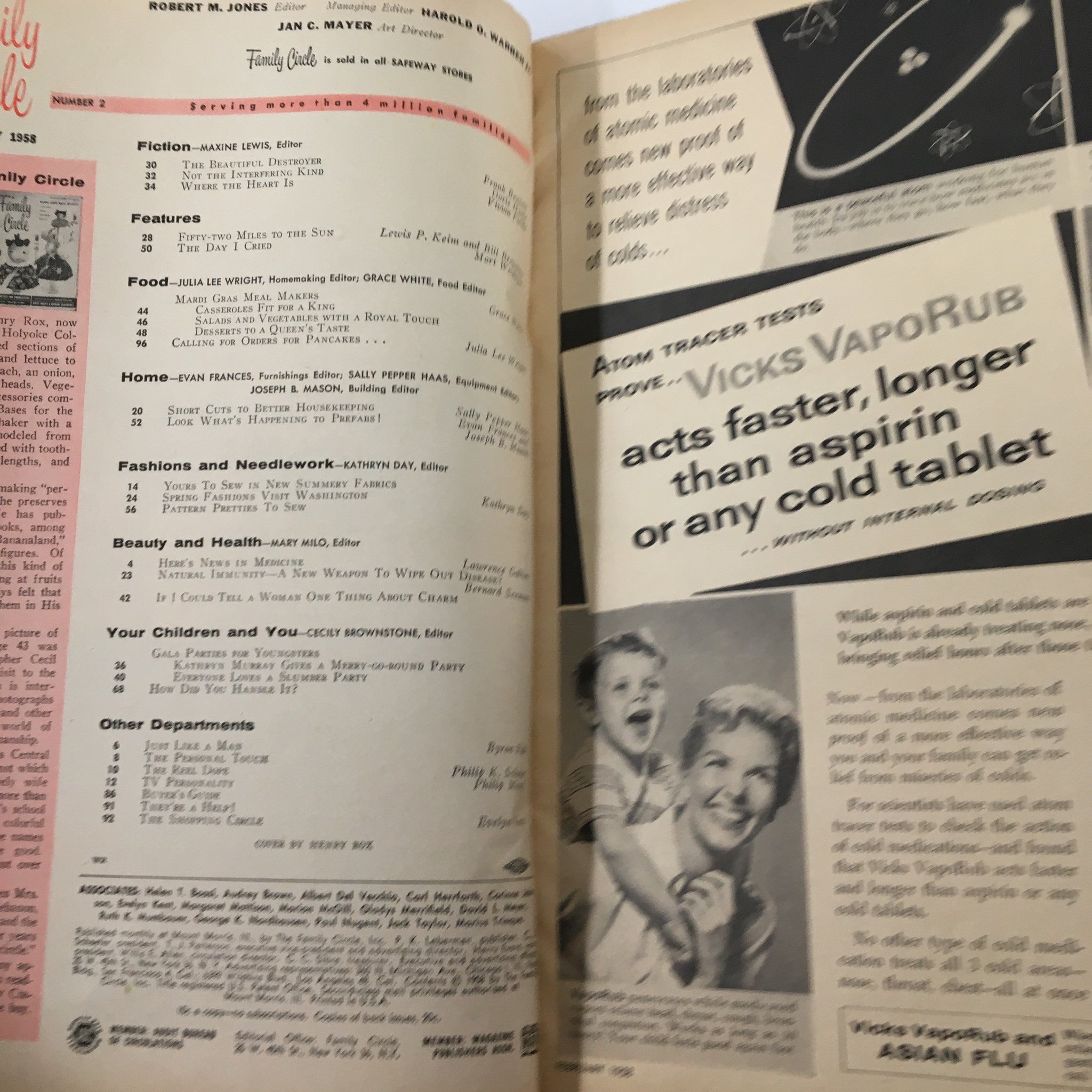 Interior page of the February 1958 Family Circle Magazine displaying a table of contents along with advertisements, reflecting domestic life and culinary trends of the era.