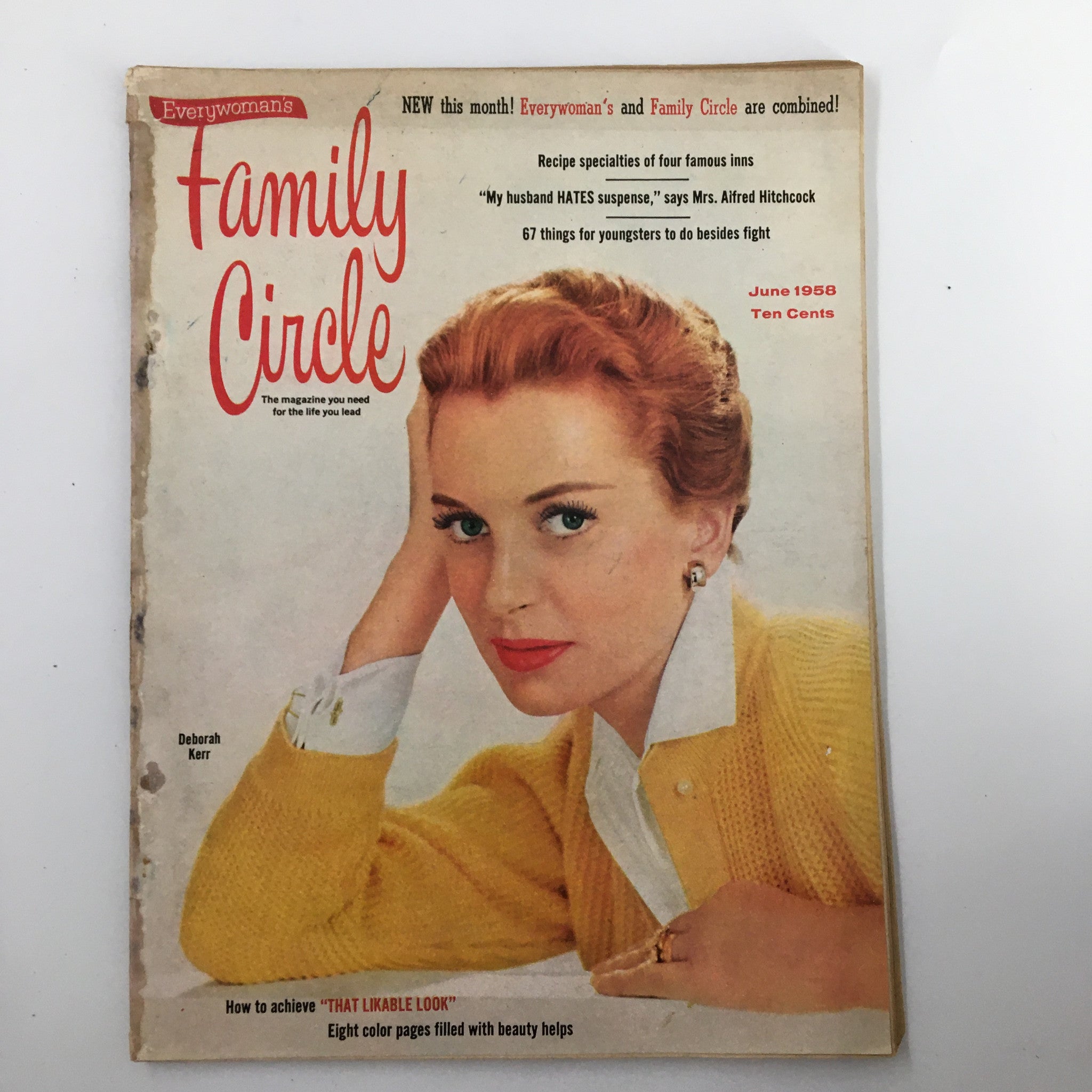 Cover of VTG Family Circle Magazine June 1954 featuring Deborah Kerr, showcasing her beauty. The magazine includes articles from the 1950s and has a vintage appeal.