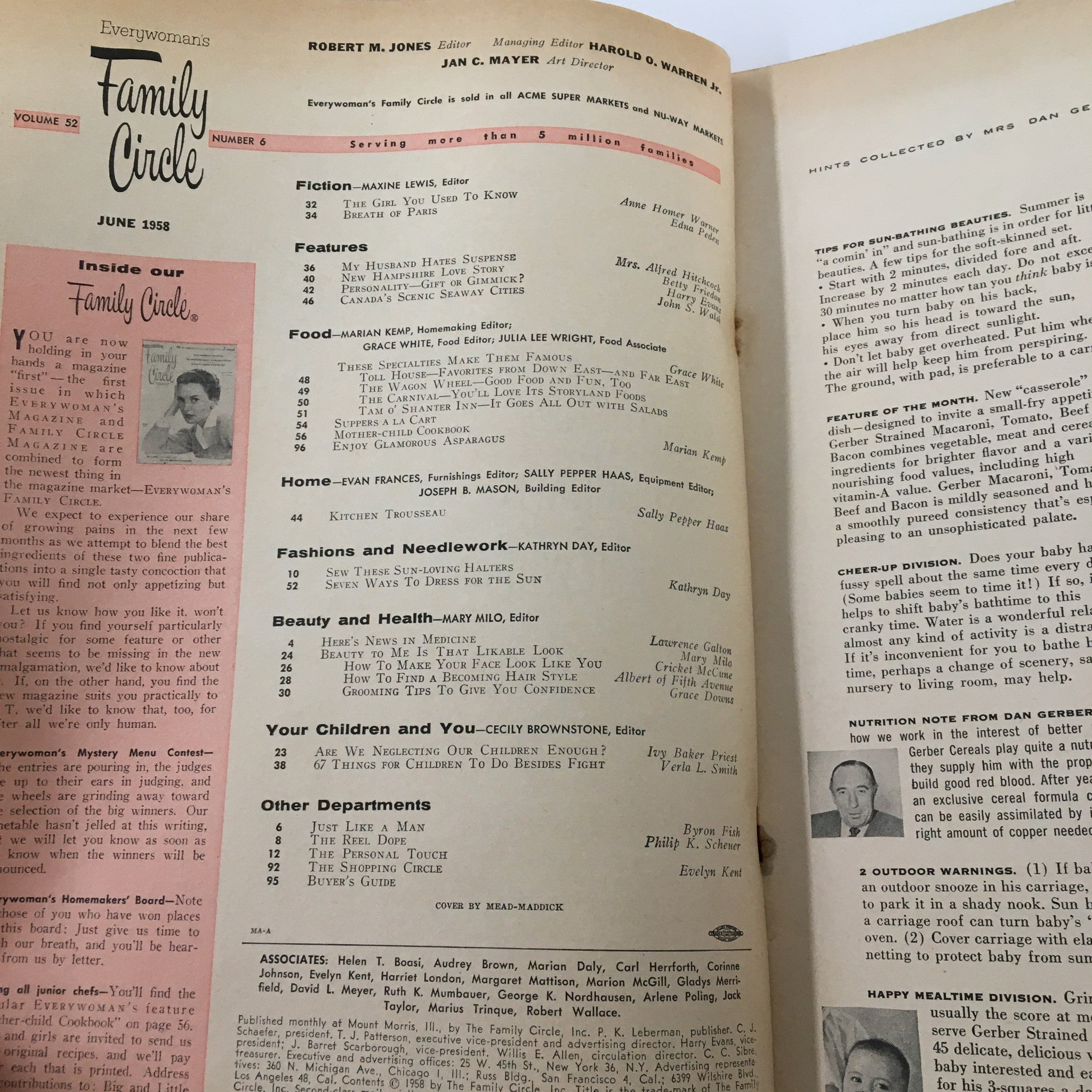 Page showcasing the content of Family Circle Magazine June 1954, featuring articles and sections relevant to family life, vintage aesthetics, and cultural insights, highlighting the charm of the past.