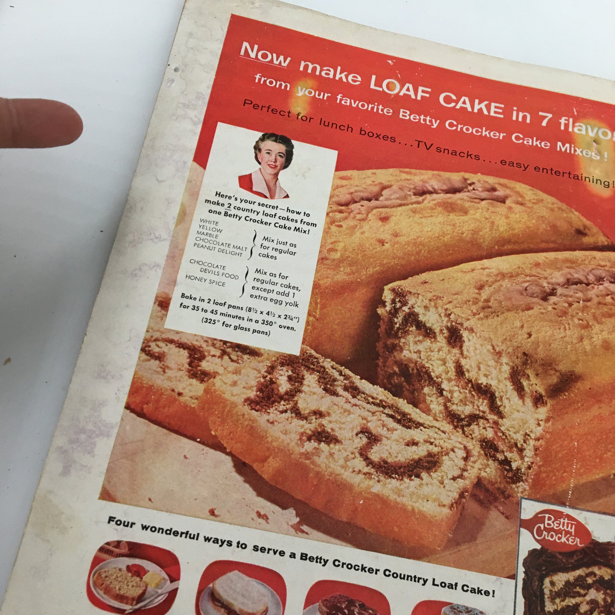 Another view of a Betty Crocker loaf cake advertisement from Family Circle Magazine June 1954, detailing how to bake delicious cakes in various flavors, promoting home baking and family values.