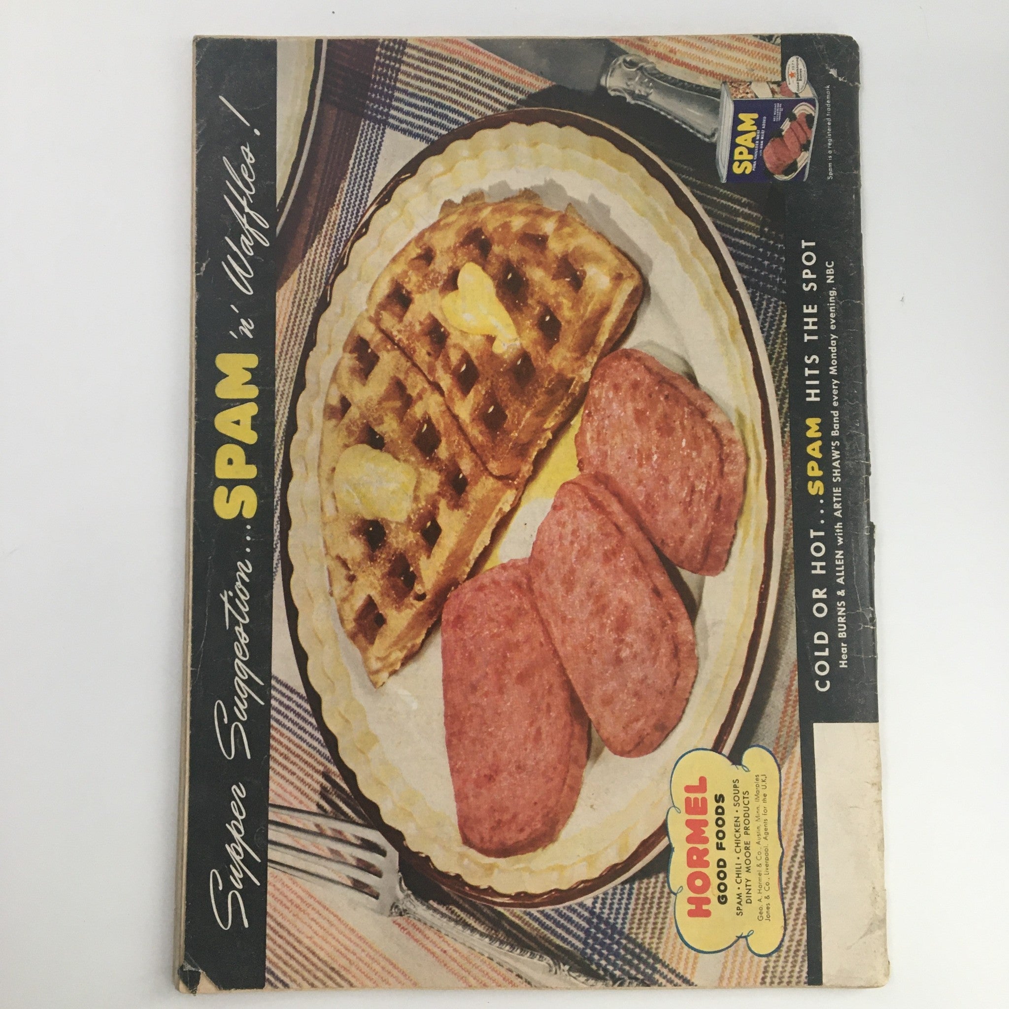 Promotional image from the Time Magazine October 7 1940 featuring a vintage advertisement for Spam with a plate of waffles and spam, showcasing historical context.