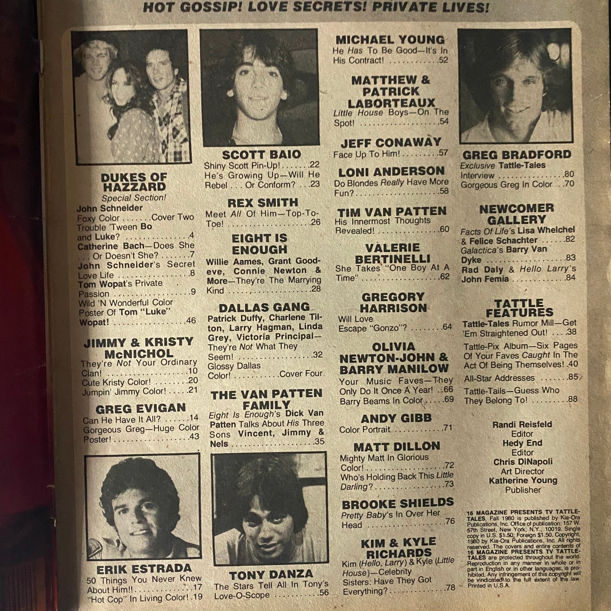Interior page from 16 Magazine Presents TV Tattle-Tales Fall 1980, showcasing hot gossip and highlights including Scott Baio and The Dukes of Hazzard special section.