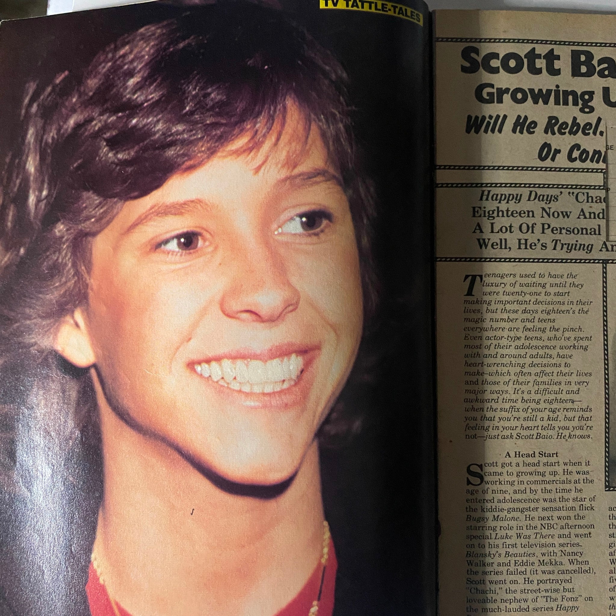 Close-up photo of Scott Baio in the 16 Magazine Presents TV Tattle-Tales Fall 1980 edition, showcasing his bright smile and youthful charm.