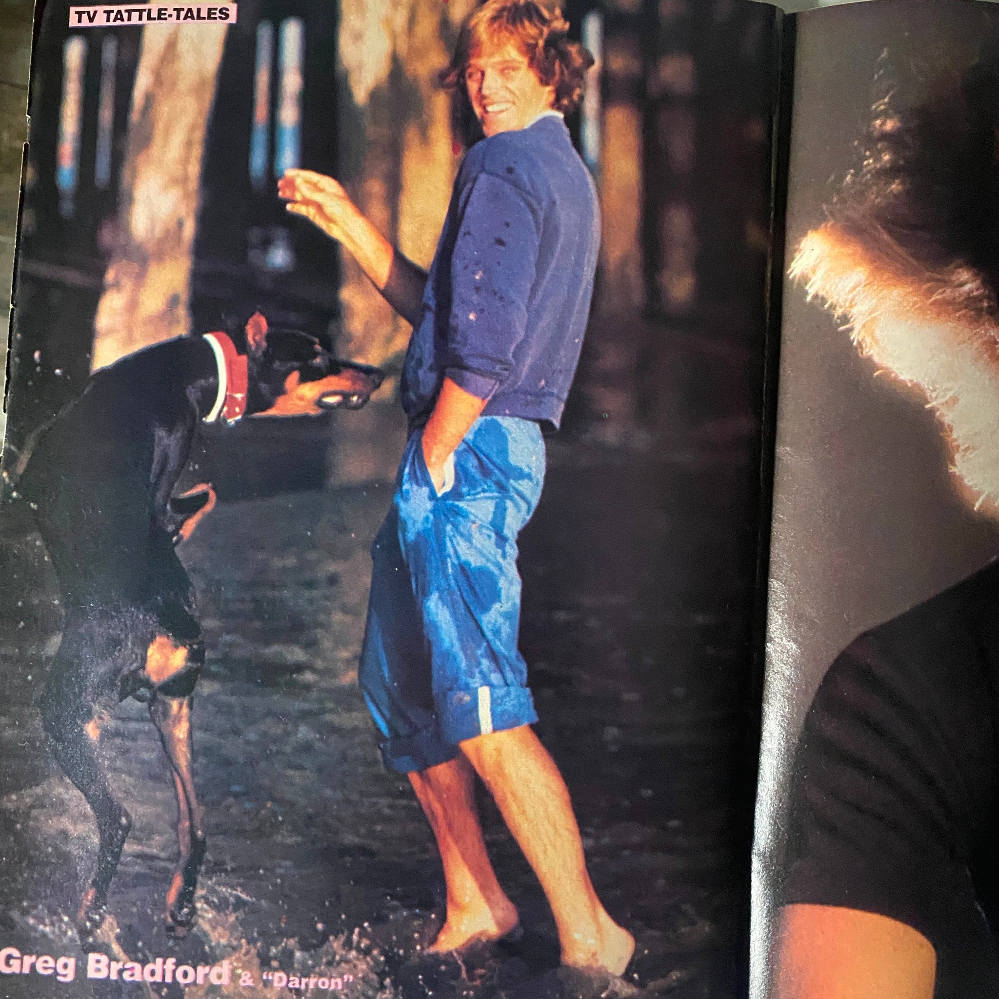 Greg Bradford posing playfully with his dog in the 16 Magazine Presents TV Tattle-Tales Fall 1980 edition, capturing a whimsical moment.