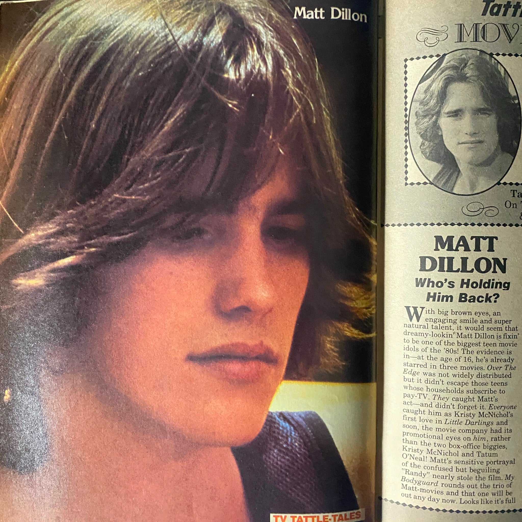 Matt Dillon's contemplative photo from the 16 Magazine Presents TV Tattle-Tales Fall 1980 edition, showcasing his classic look and youthful appeal.