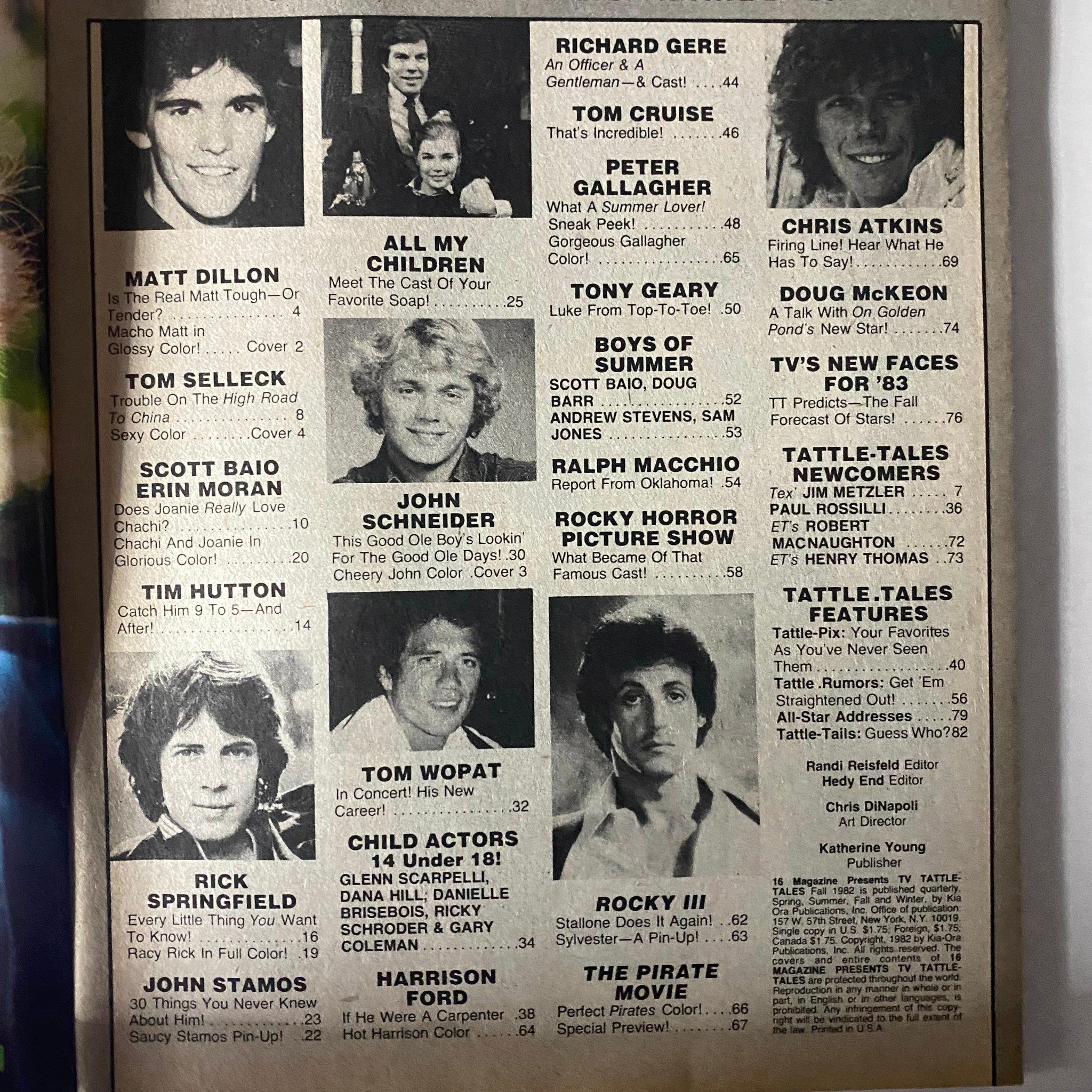 Inside page of 16 Magazine TV & Movie Tattle-Tales Fall 1982, showcasing Matt Dillon and other stars including Tom Selleck and John Schneider.