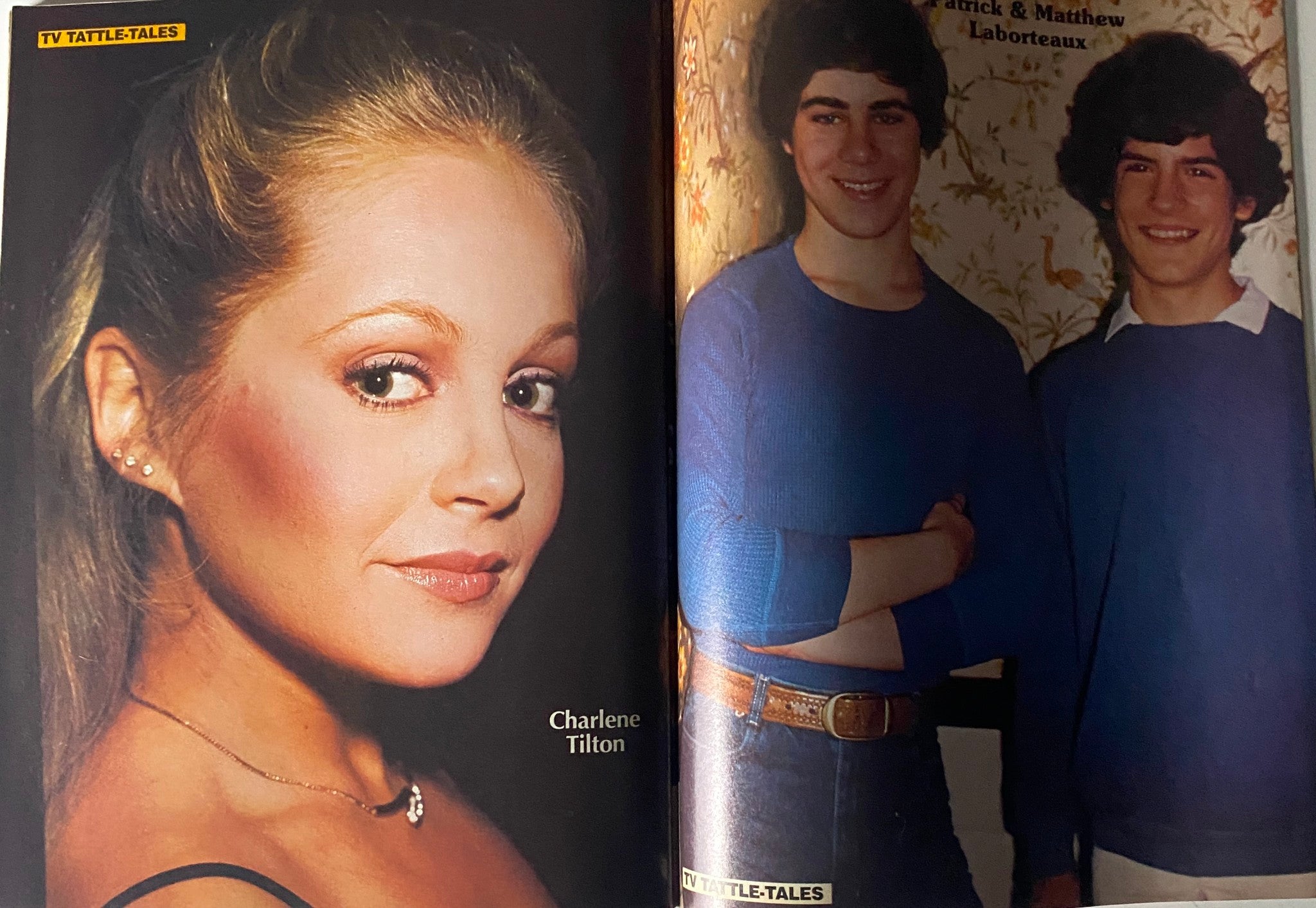 Charlene Tilton alongside Patrick and Matthew Laborteaux in the Fall 1981 edition of 16 Magazine TV & Movie Tattle-Tales, capturing popular stars of the decade.