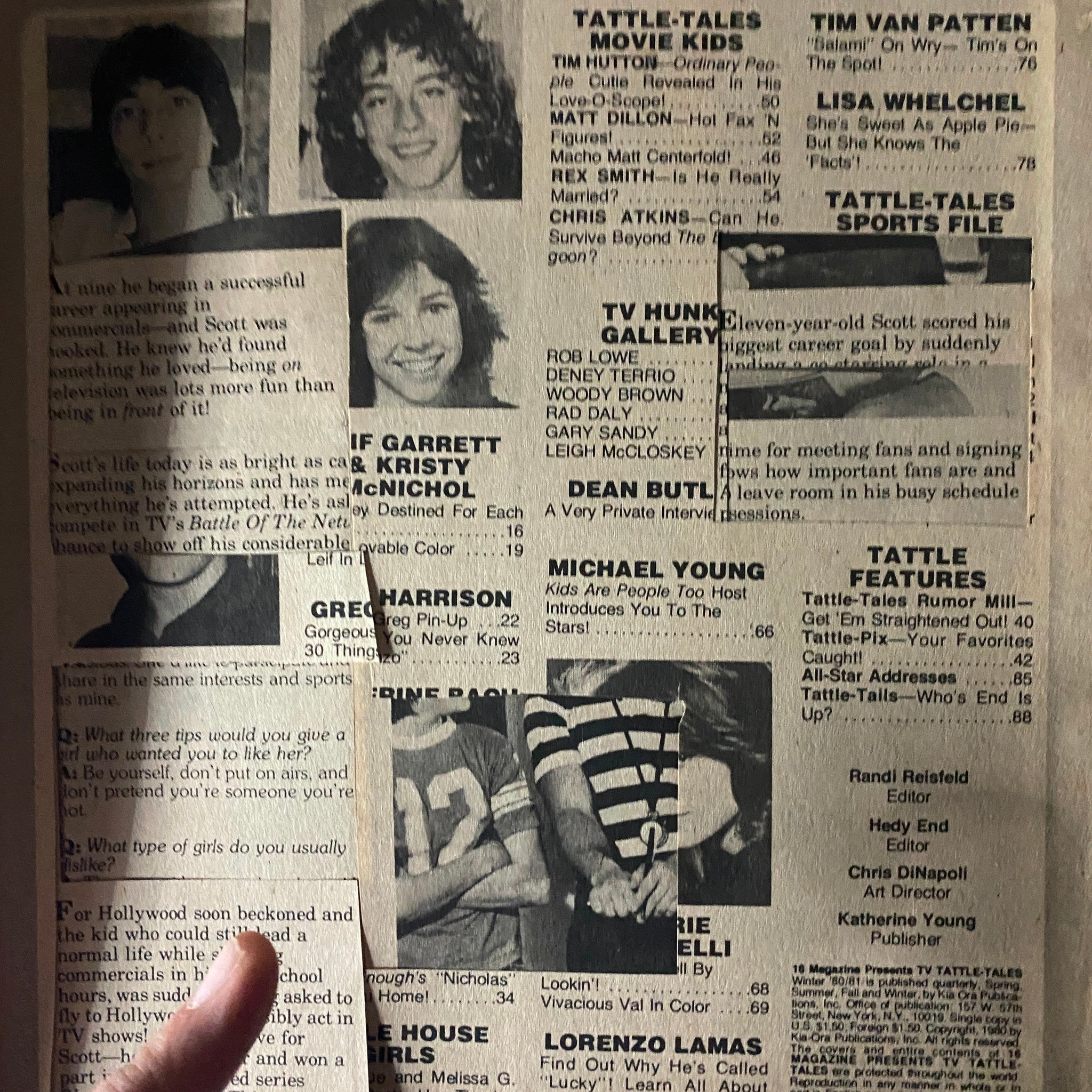 Interior page of the 16 Magazine TV Tattle-Tales Winter 1980-1981 showing celebrity images and articles, including Scott Baio and Kristy McNichol.