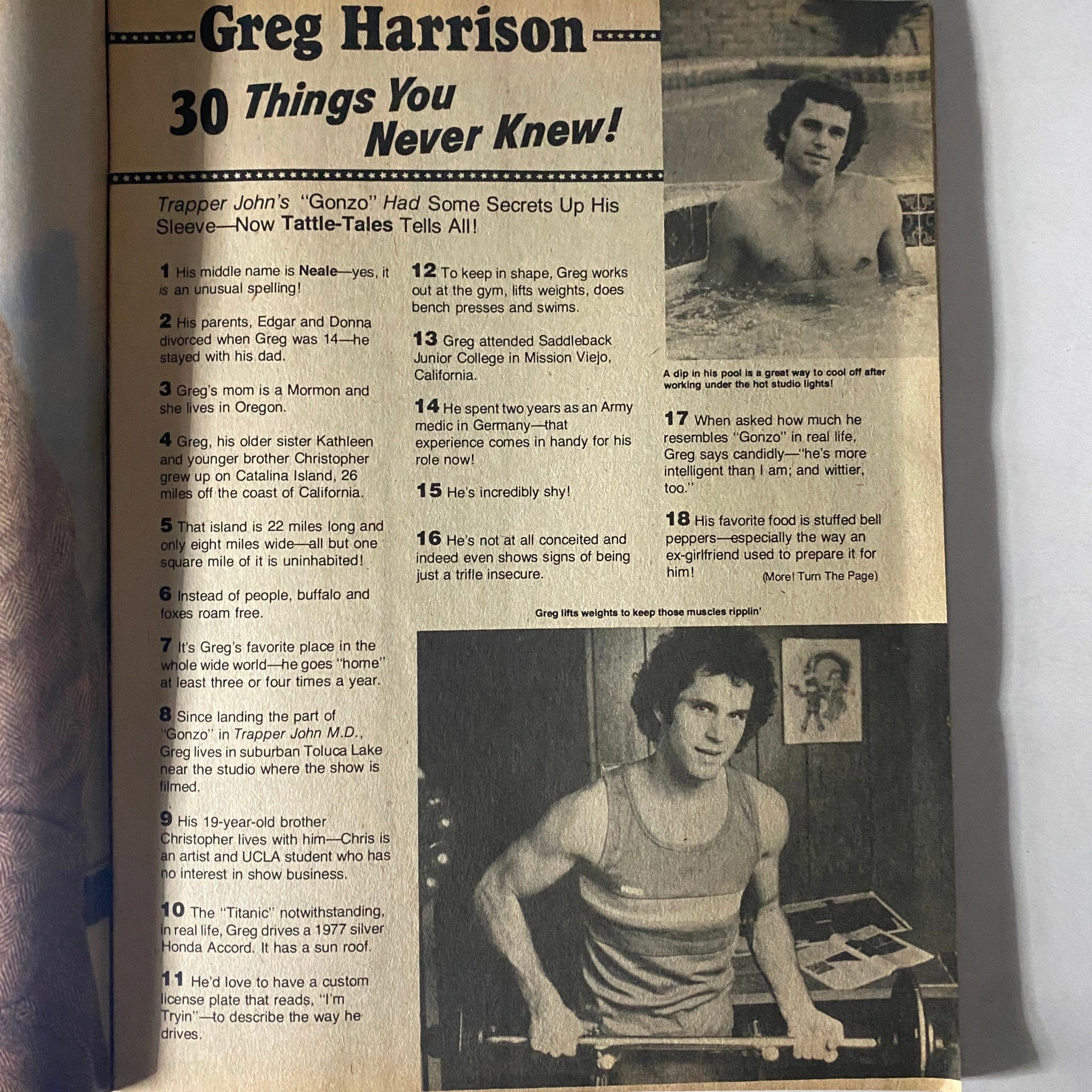 Magazine page from the 16 Magazine TV Tattle-Tales Winter 1980-1981, showcasing an article titled '30 Things You Never Knew!' about actor Greg Harrison, highlighting interesting facts about his life and career.