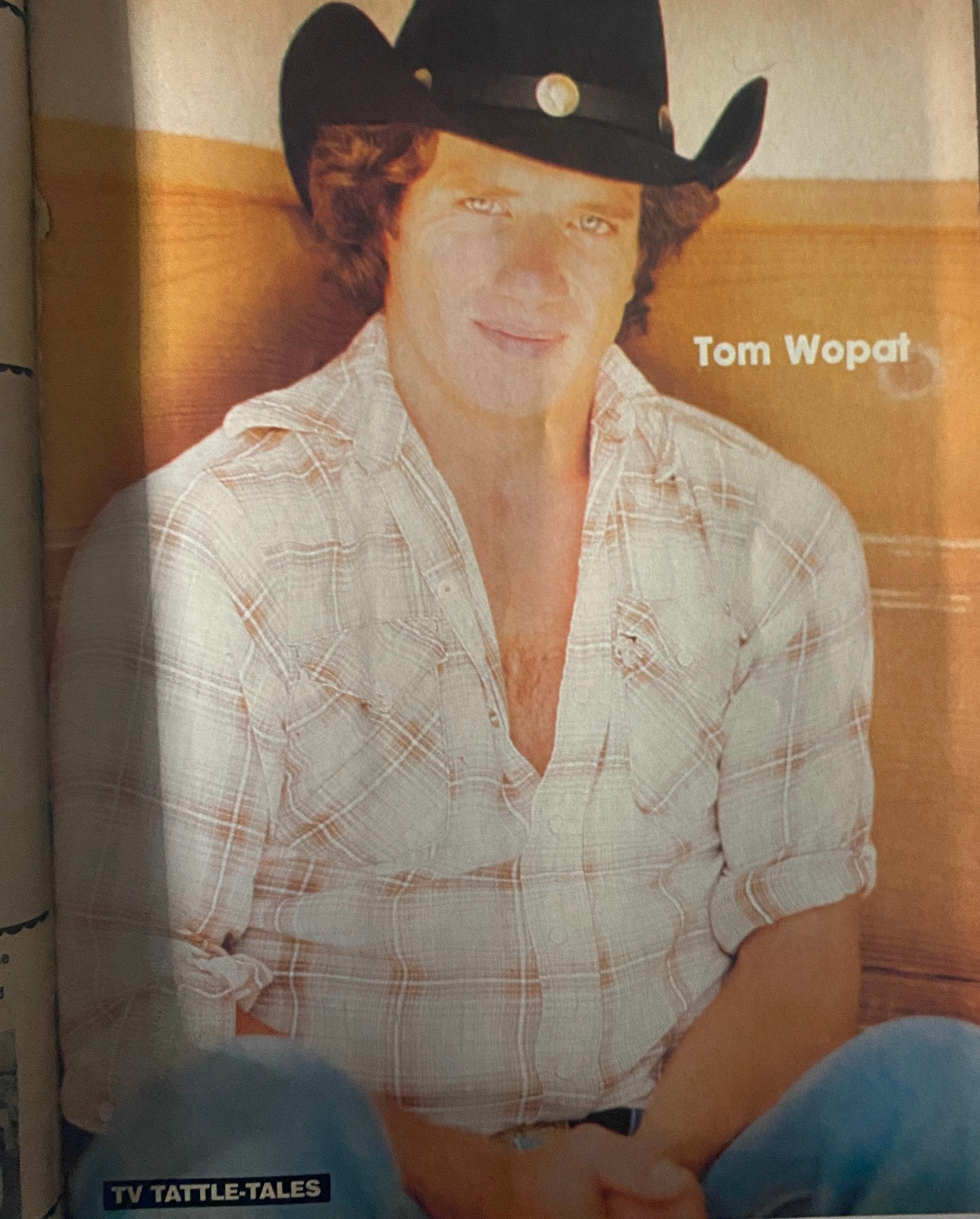 Image from the 16 Magazine TV Tattle-Tales Winter 1980-1981, featuring actor Tom Wopat in a cowboy hat and plaid shirt, representing 1980s pop culture nostalgia.