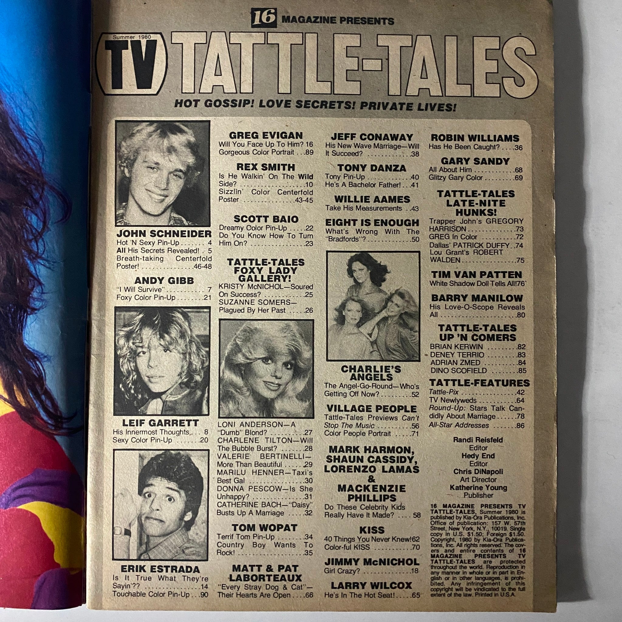 Summer 1980 issue of 16 Magazine TV Tattle-Tales featuring celebrity gossip, headlines including John Schneider, Leif Garrett, and Erik Estrada.