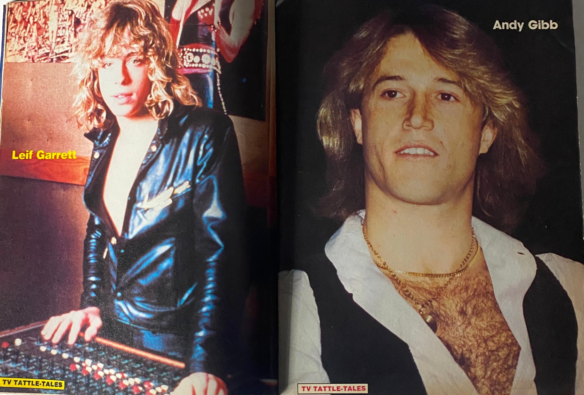 Side-by-side images of Leif Garrett and Andy Gibb featured in the Summer 1980 issue of 16 Magazine TV Tattle-Tales, highlighting the popular teen idols of the era.
