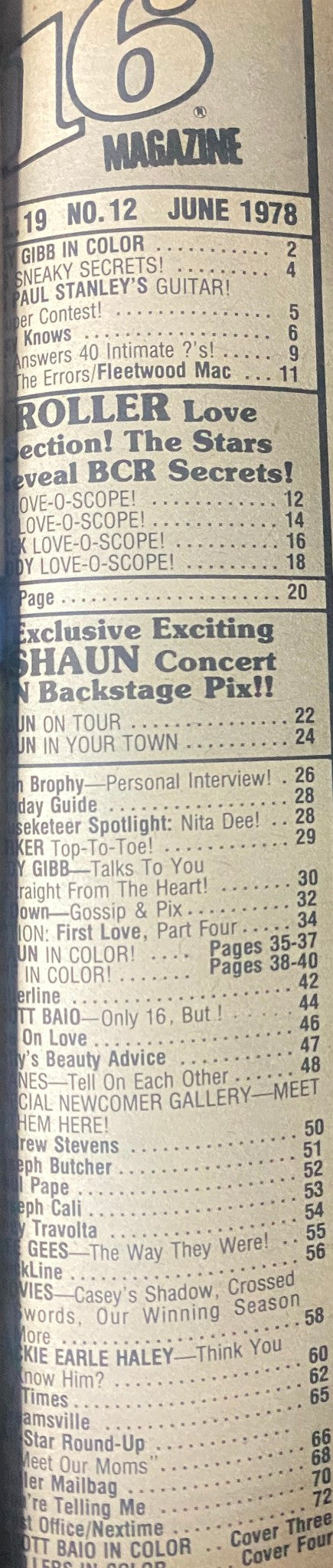 Table of contents from 16 Magazine June 1978, detailing articles, features, and celebrity interviews including Andy Gibb and Shaun Cassidy.