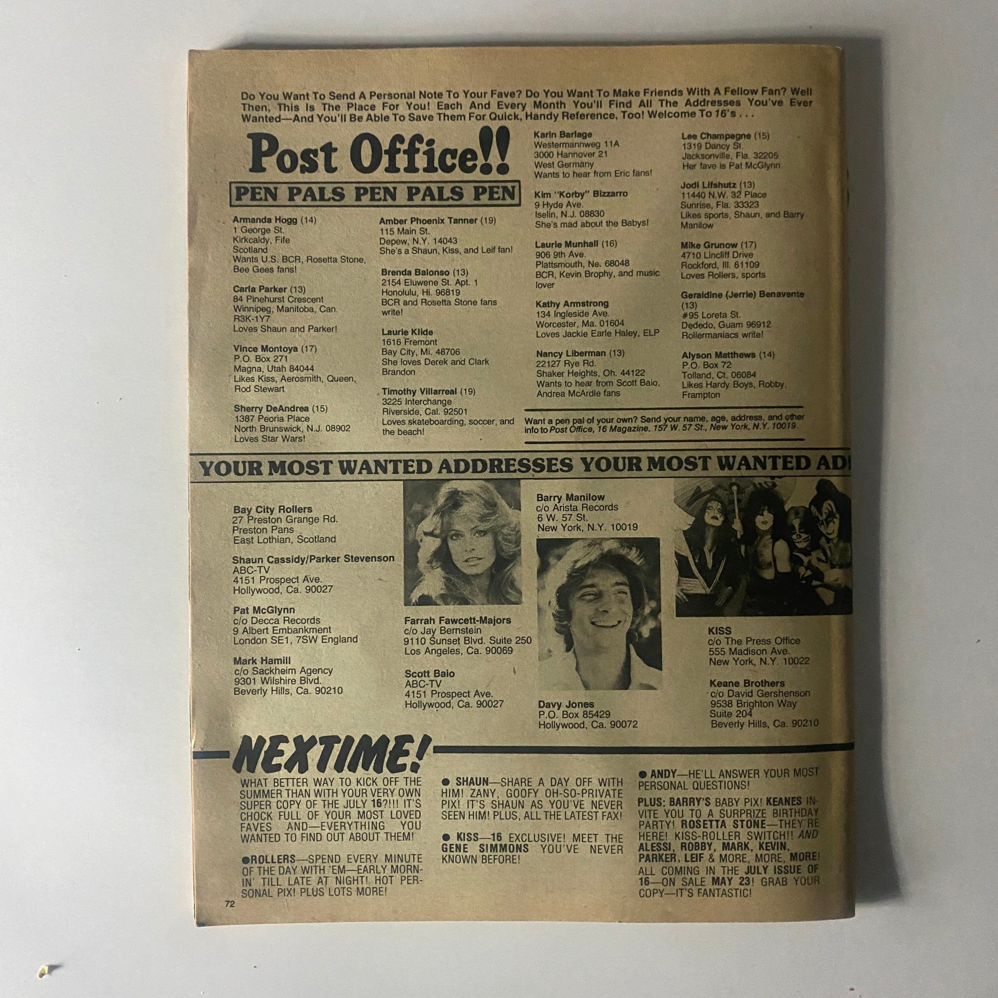 Back page of 16 Magazine June 1978 with personal pen pal requests and celebrity addresses, reflecting the engagement of fans with their idols.