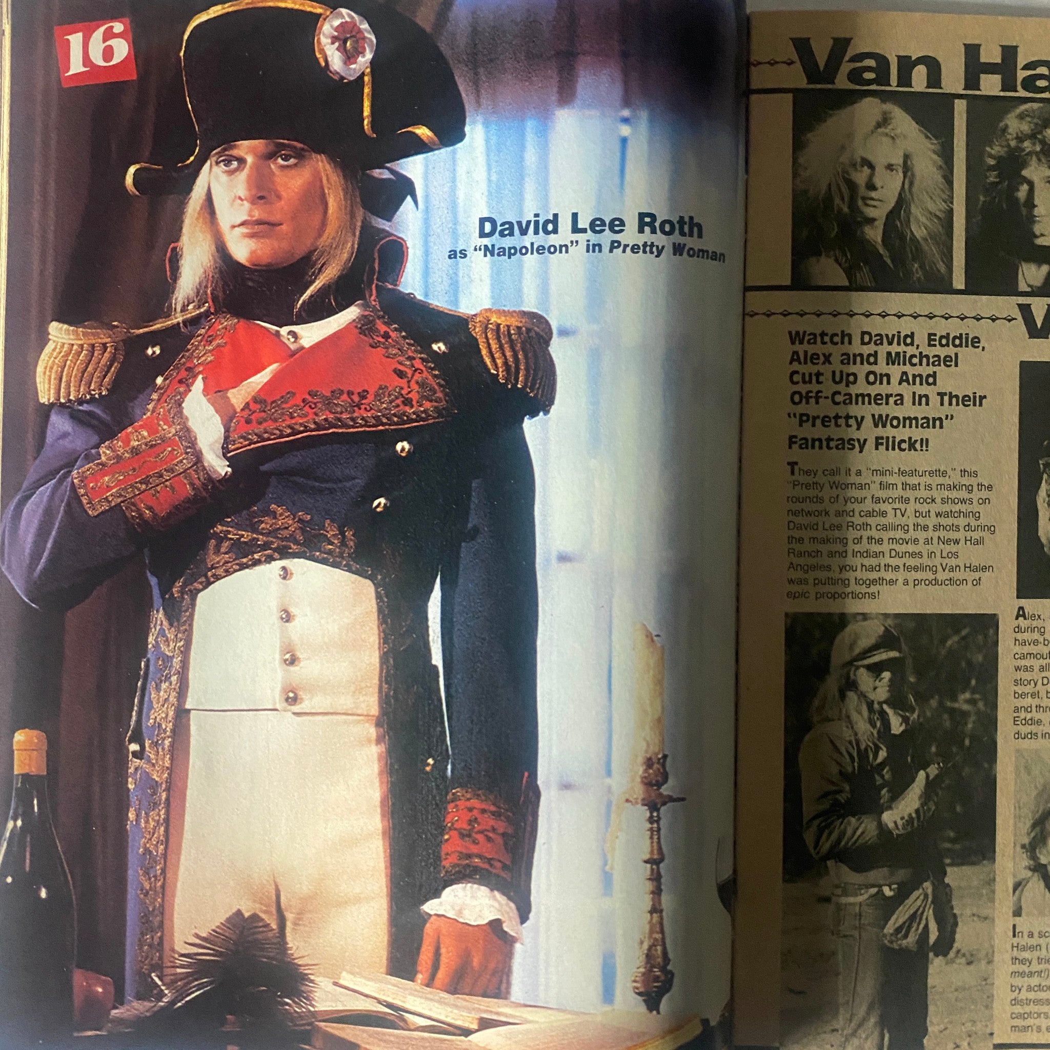 Image of David Lee Roth dressed as Napoleon from the July 1982 issue of 16 Magazine, highlighting the film 'Pretty Woman'.