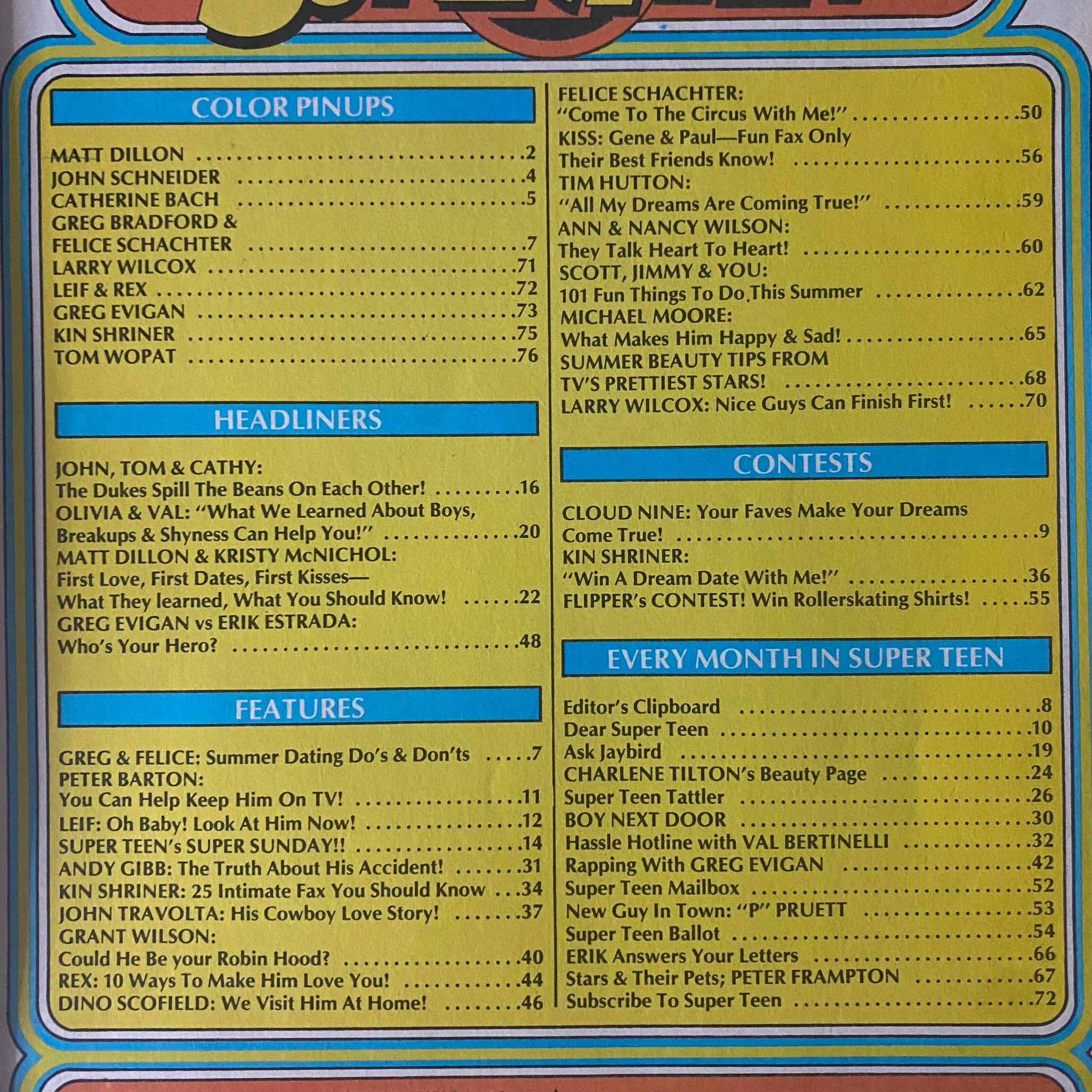 Table of contents from the September 1980 issue of SuperTeen Magazine featuring highlights about color pinups and features of iconic stars such as Matt Dillon and John Schneider.