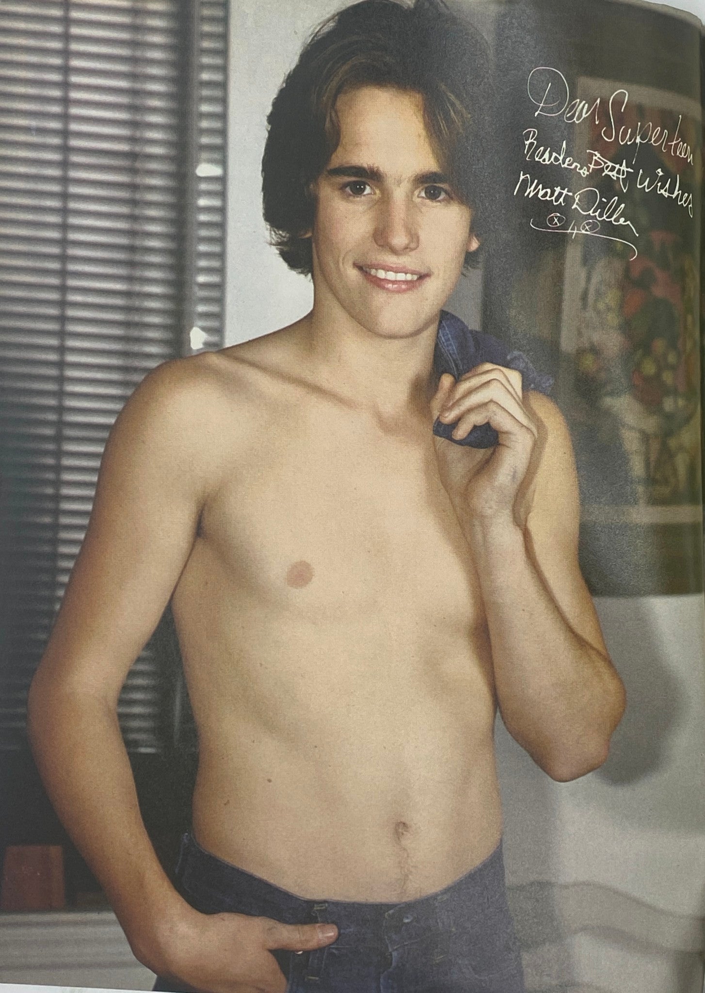 Vintage photograph of Matt Dillon featured in the September 1980 issue of SuperTeen Magazine, showcasing a young star posing shirtless.