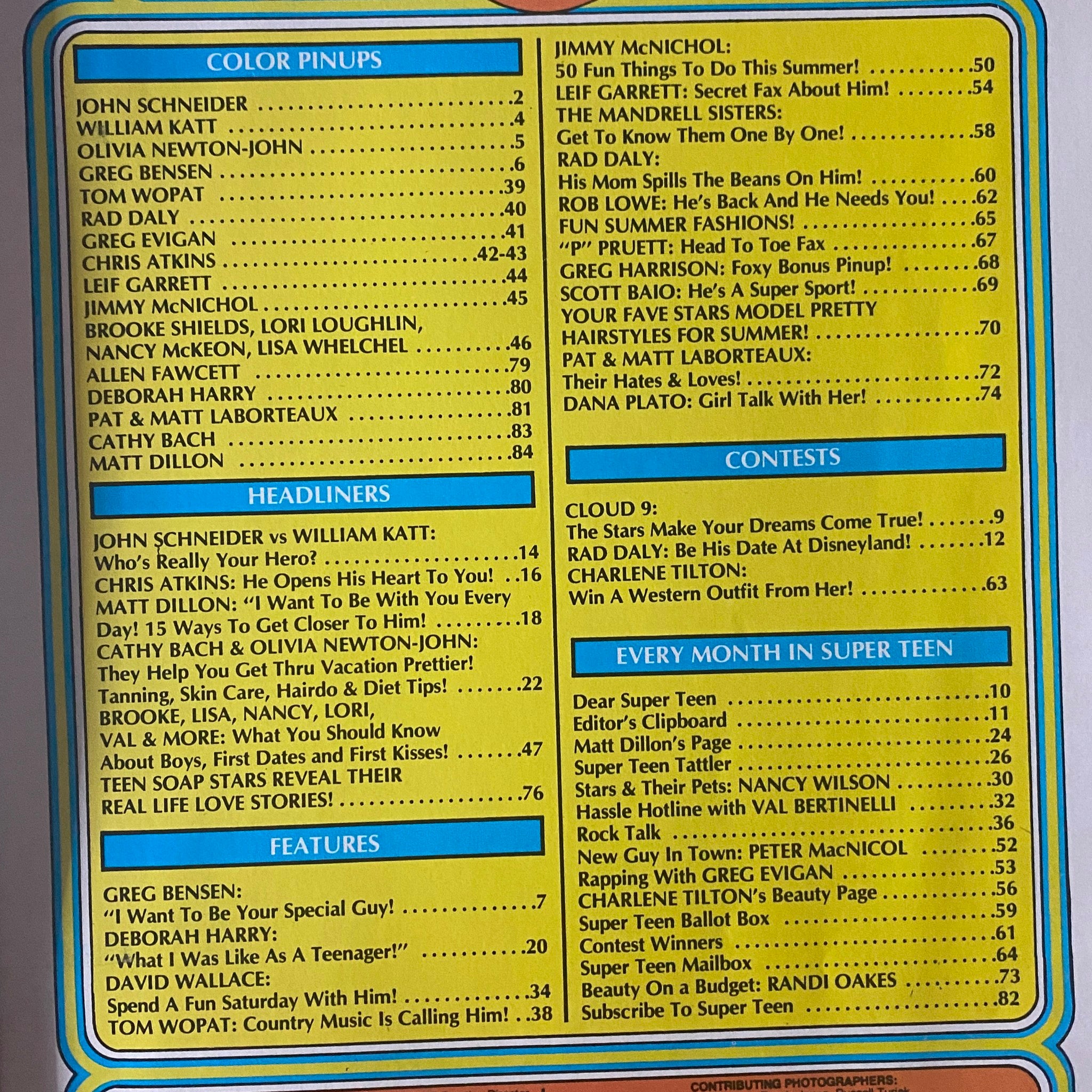 Contents page of SuperTeen Magazine September 1981 showcasing color pinups and featured articles about popular teen idols.