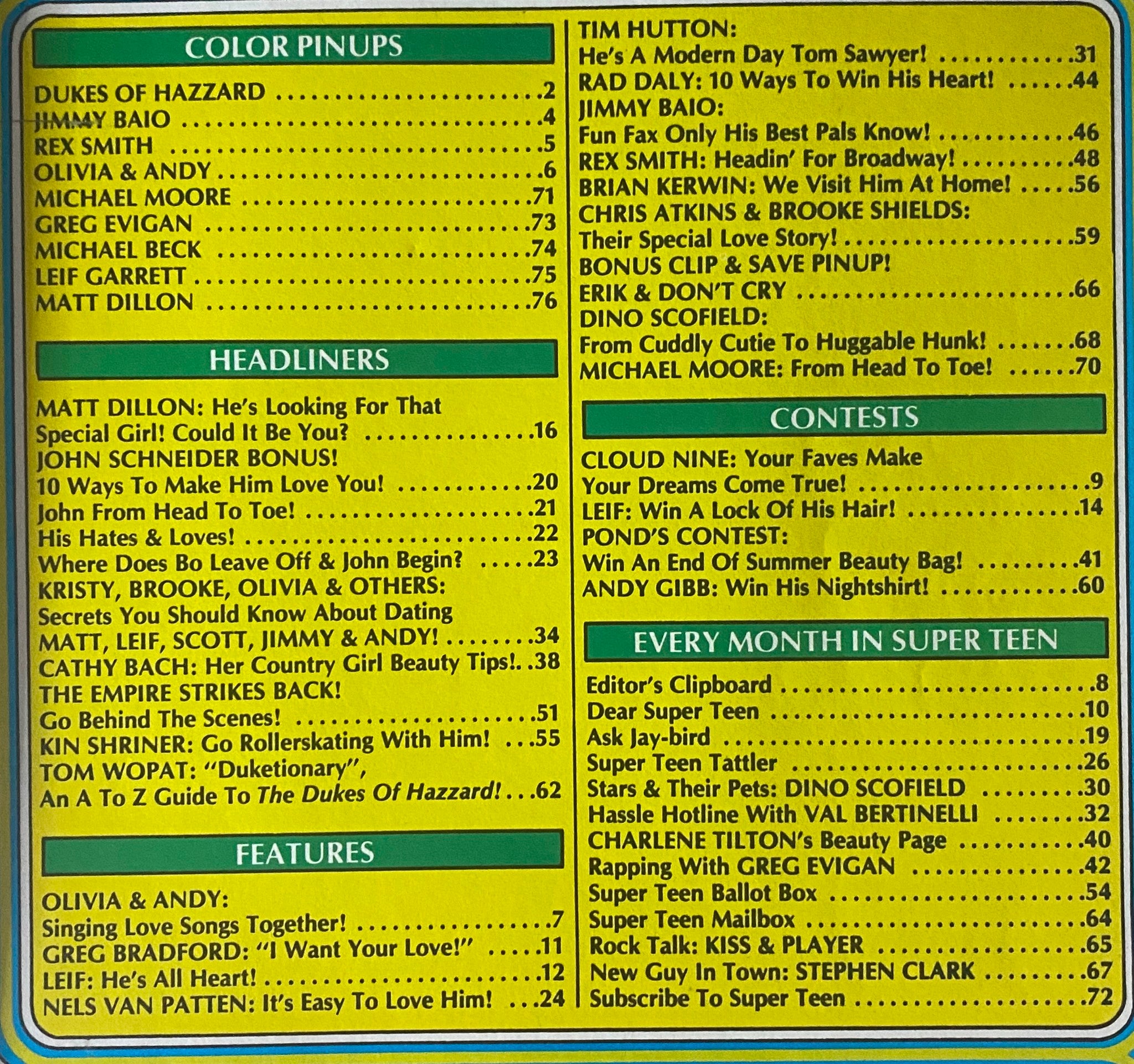 Table of contents from SuperTeen Magazine October 1980 highlighting popular articles, pinups, and contests available in the issue.
