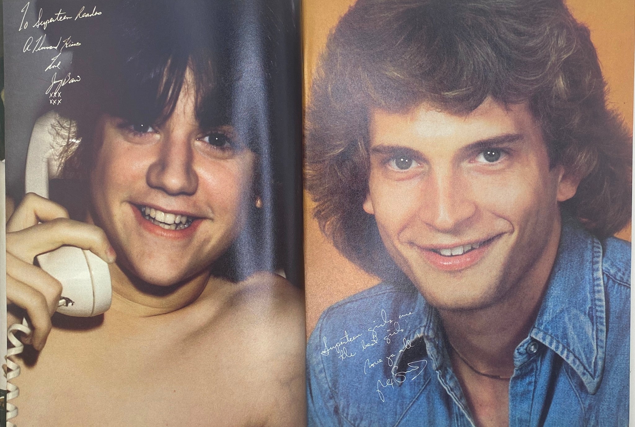A nostalgic image from the SuperTeen Magazine October 1980 featuring young male stars, showcasing a smiling boy on the left holding a telephone and a young man with stylish hair on the right. Perfect for 80s pop culture enthusiasts.