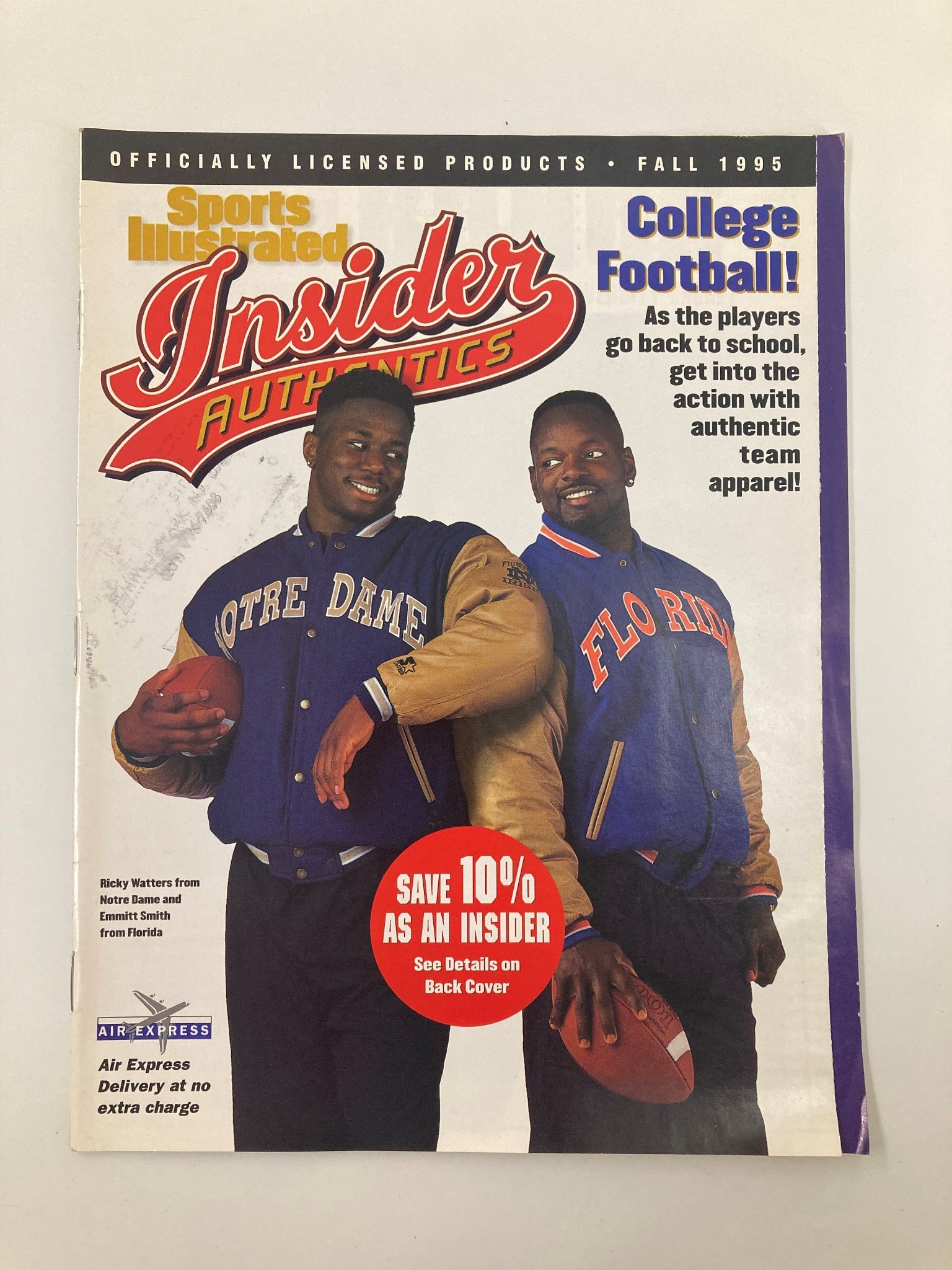 Cover of Sports Illustrated Magazine Fall 1995 featuring Ricky Watters from Notre Dame and Emmitt Smith from Florida, promoting college football and authentic team apparel.