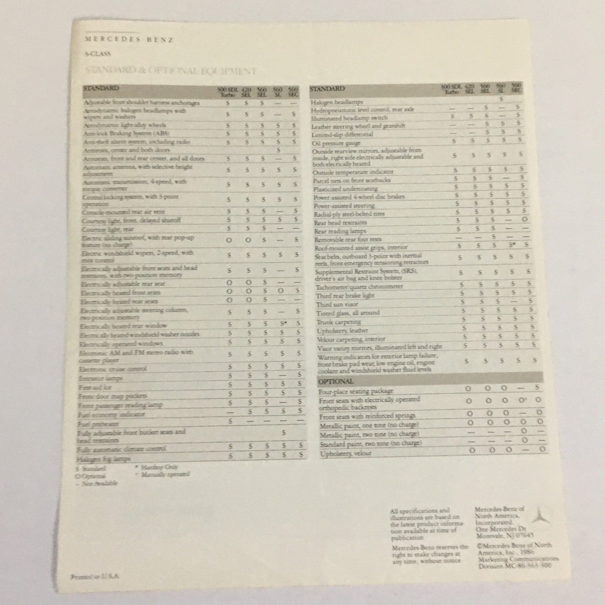 1987 Mercedes-Benz S-Class Specifications Dealership Car Auto Brochure Catalog