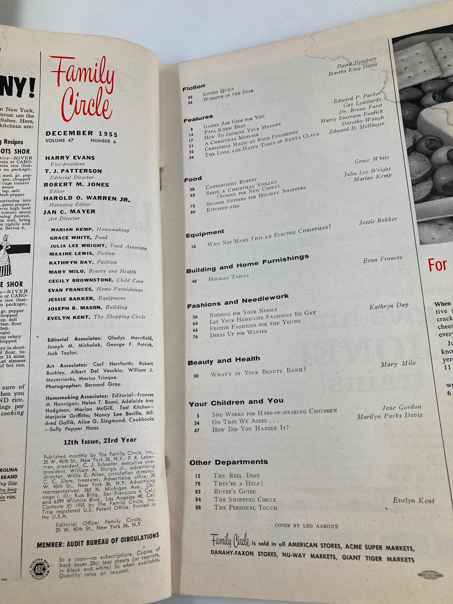 Inside page of the December 1955 Family Circle Magazine, showcasing the table of contents with featured articles and illustrations, reflective of mid-20th century family life.