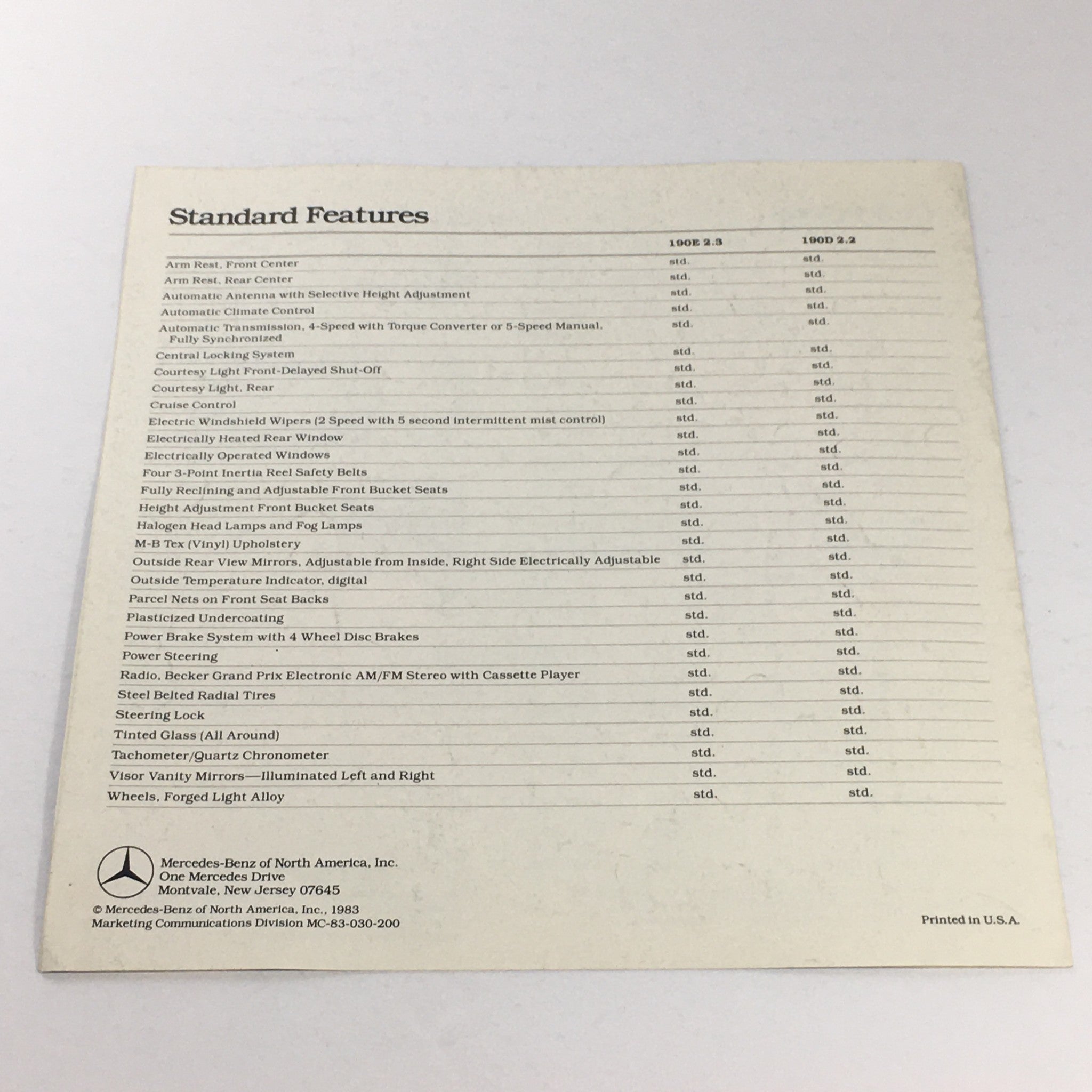 1984 Mercedes-Benz 190E 2.3/190D 2.2 Dealership Car Auto Brochure Catalog