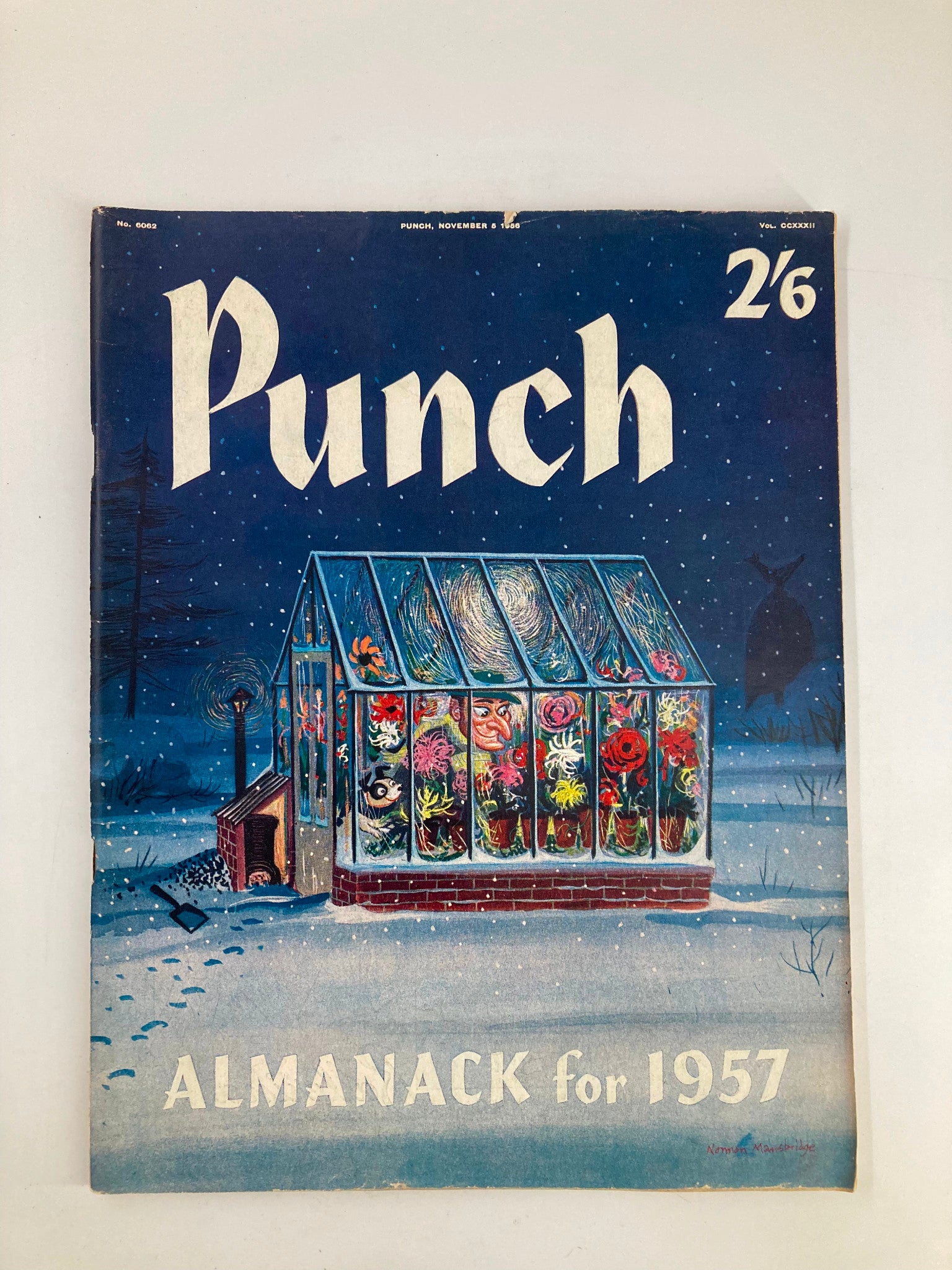 Cover of VTG Punch Magazine from November 5, 1956 featuring the title 'Punch' and the text 'ALMANACK for 1957', showcasing a colorful illustration of a greenhouse with flowers against a starry night background.