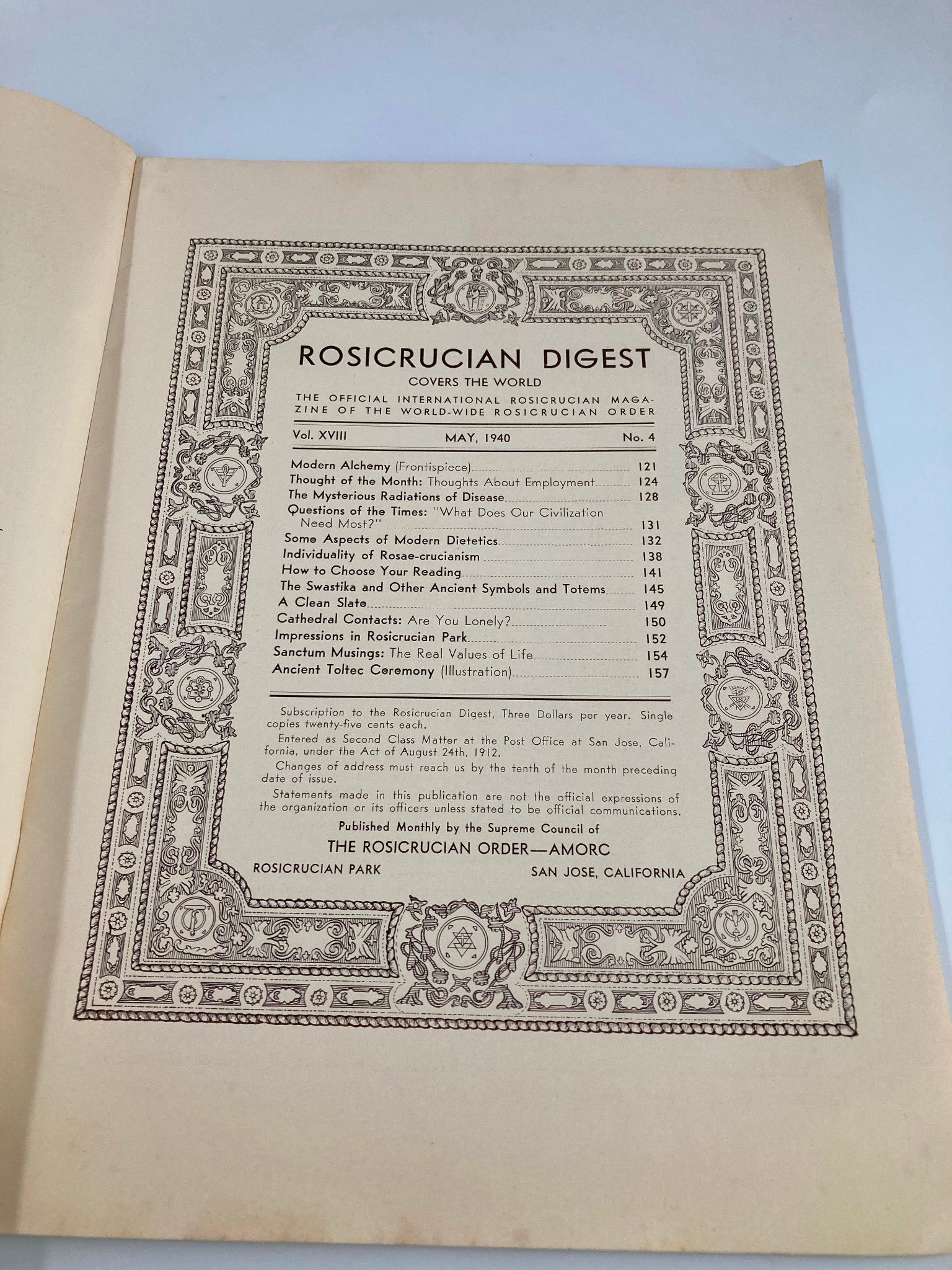 VTG Rosicrucian Digest Magazine May 1940 Mysterious Radiation Disease No Label