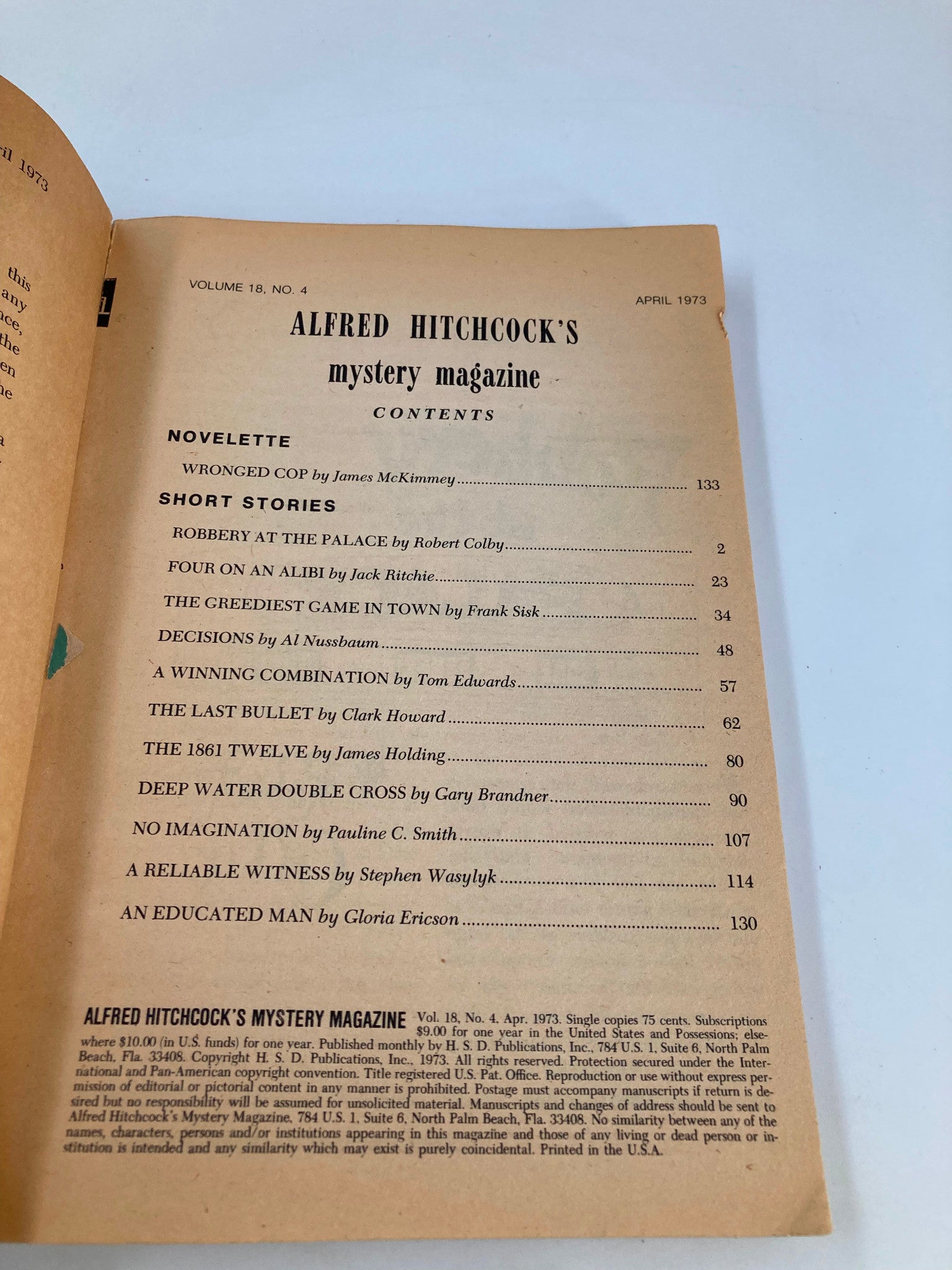 Alfred Hitchcock's Mystery Magazine April 1973 Robbery at the Palace No Label