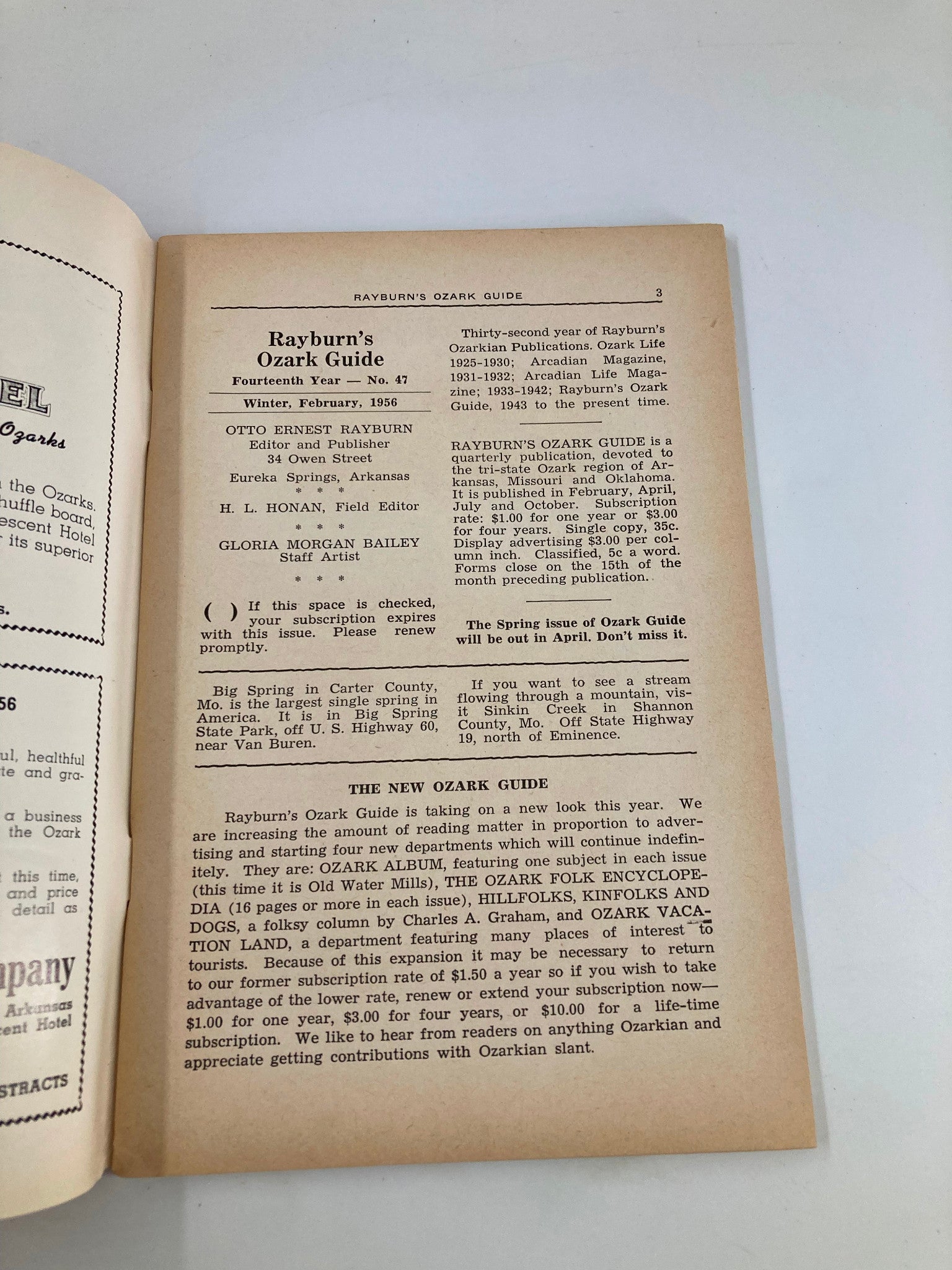 Interior page of Rayburn's Ozark Guide Magazine Winter 1957 showcasing the header and details about the Ozark Guide's history and subscription information.