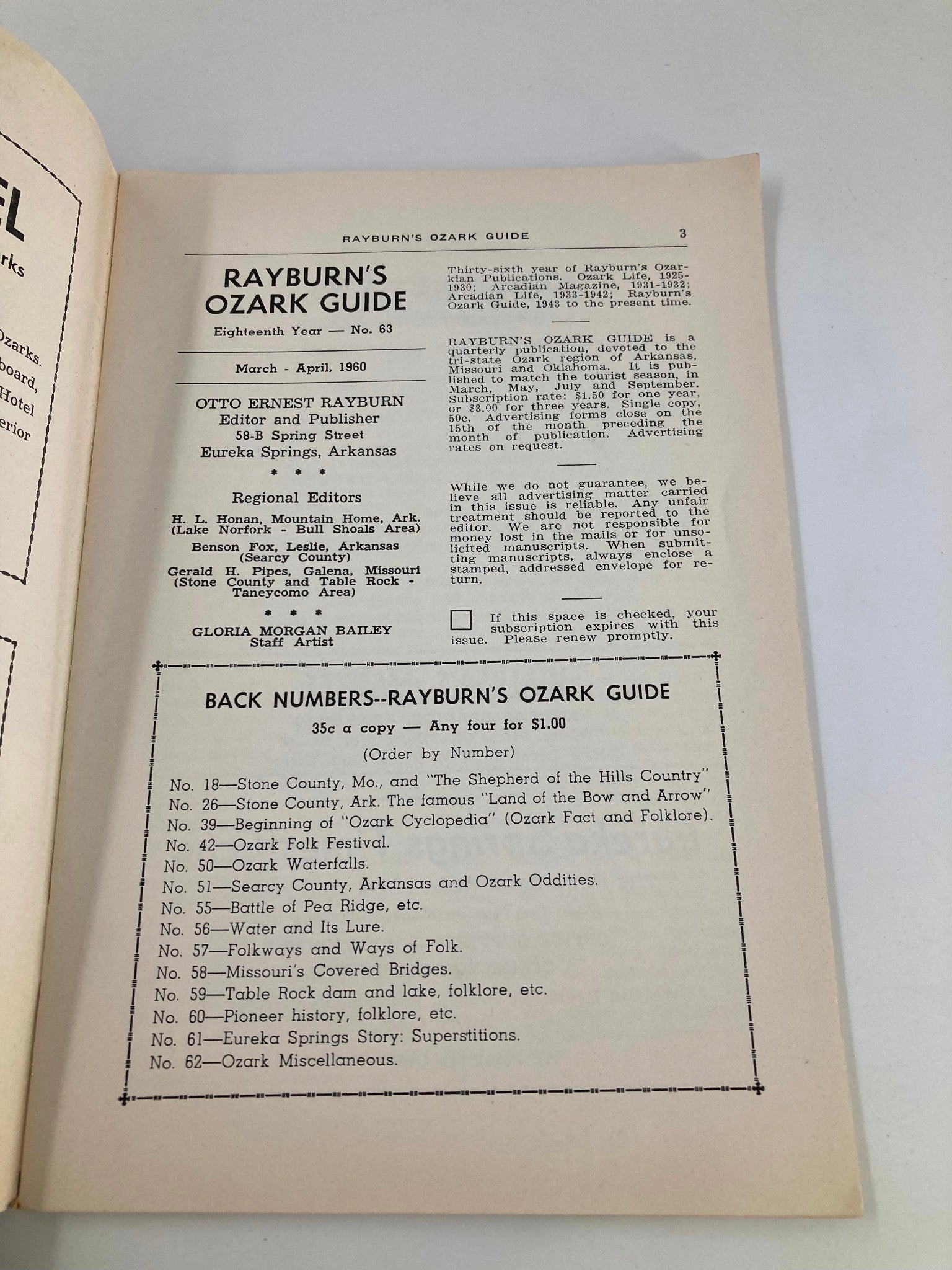 Inside page of Rayburn's Ozark Guide Magazine April 1960 showcasing the magazine's title, editorial team, and available back issues, reflecting the cultural heritage of the Ozarks.