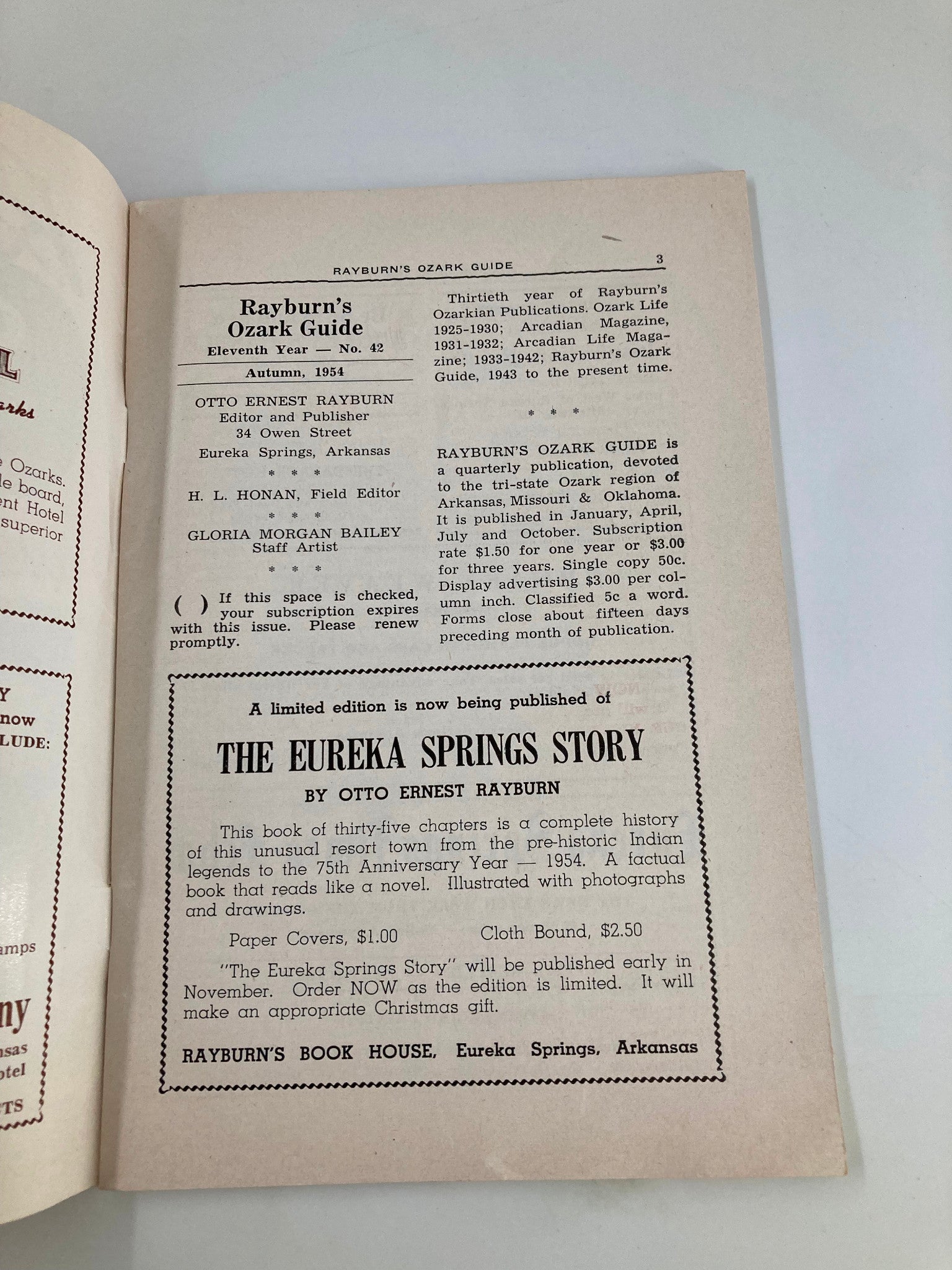 Inside page of Rayburn's Ozark Guide Magazine Autumn 1954 with publication details, including editor information and subscription prices.