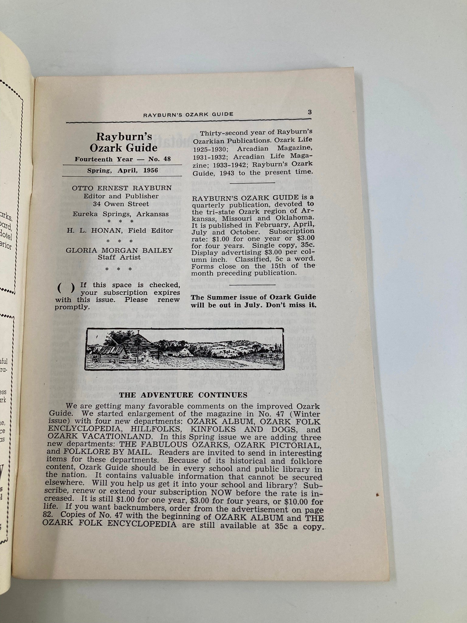 Interior page of Rayburn's Ozark Guide Magazine April 1956 showcasing details about the magazine's publication, editors, and additional features, emphasizing its historical context and its focus on the Ozark region.